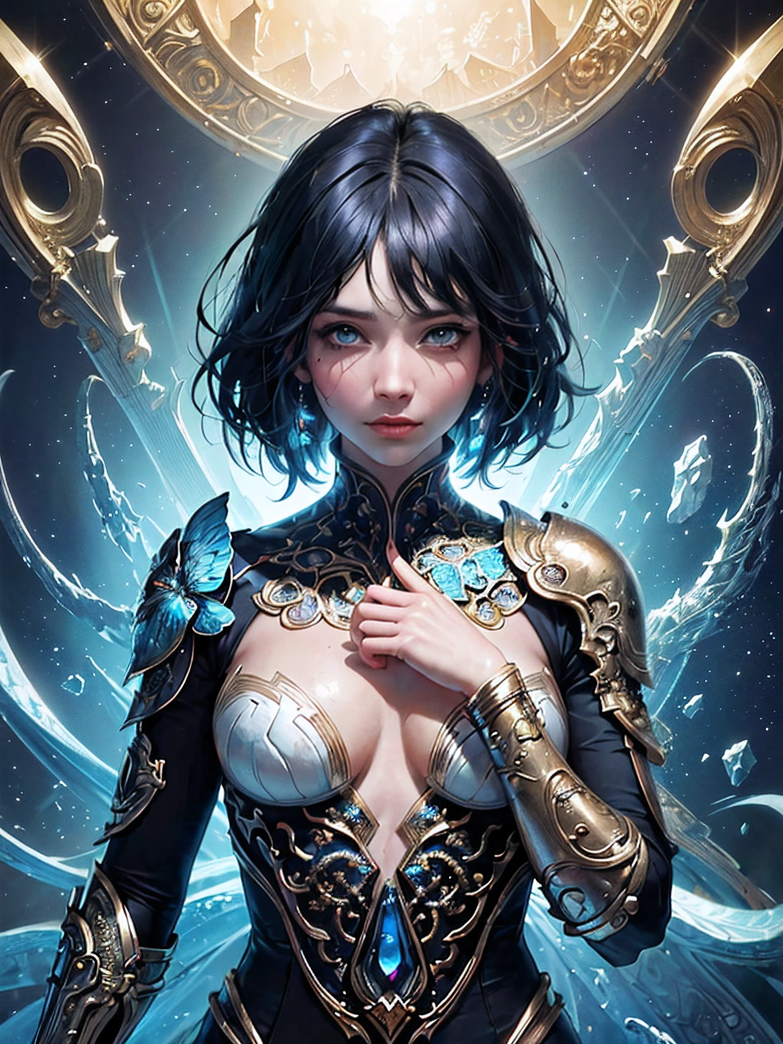 ((Best Quality, 8k, Masterpiece: 1.3)) Beautiful Woman: 1.3 (black short hair with fringe) (blue eyes), Beautiful Face, Crawling Saturated Colors, Psychedelic Images, , Mandala, Fractals, Clothing, Tattoos, Painted Body, Body Tilted Forward, Similar to Alex Gray's Art, Lots of Color Saturation, Swirls, Surreal, Planet Earth, Galaxies, Lots of Lighting, Shadows and Contrast, Role Play, Realistic Eyes, Blue Iris, 3D Depth, (Close-up), Realistic Skin Texture, Detailed Sharp Scales, Colorful, fantasy art, artgerm ruan jia and greg rutkowski surrealist wet lacquer gold butly filigree art, broken glass