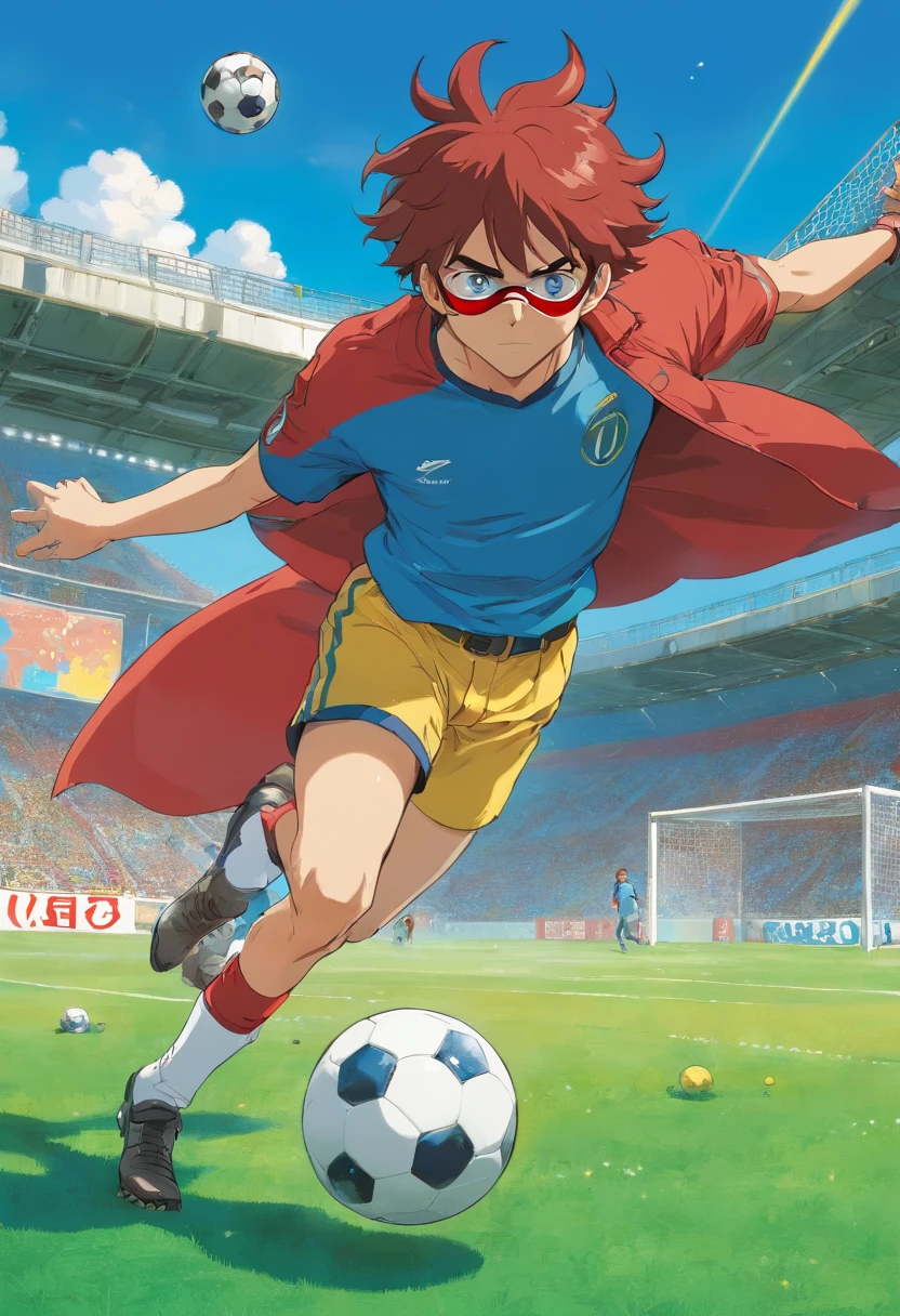 homem, cabelo vermelho, wearing goggles, olhos iluminados, kicking a ball too hard, partida de futebol, Blue Lock manga style