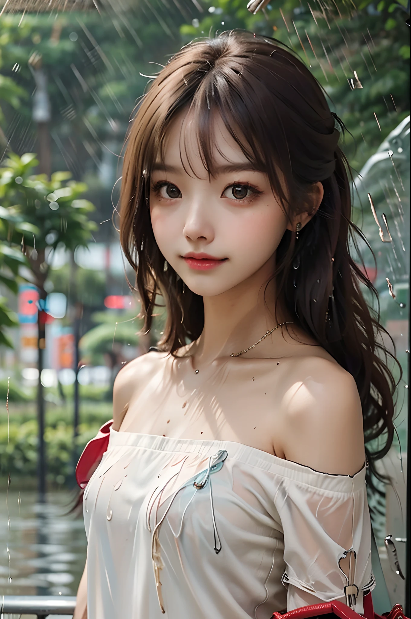 ​masterpiece、1 beautiful girl、A detailed eye、Puffy eyes、top-quality, 超A high resolution, (Realisticity: 1.4), OriginalPhotographs,cinematlic lighting、japanes、Super beauty、Beautiful skin、A slender、(A hyper-realistic)、(hight resolution)、(8K)、(ighly detailed)、(beautifully detailed eyes)、(ultra-detailliert)、（A detailed face）、looking at viewert、very smiling、Facing straight ahead、Black colored eyes、the body is facing forward、Vivid street trees、Hair color is brown、short-cut、Japanese high school  girl、The background is a group of urban buildings、The costume is a green T-shirt and a black sleeveless dress、I have a Louis Vuitton bag、