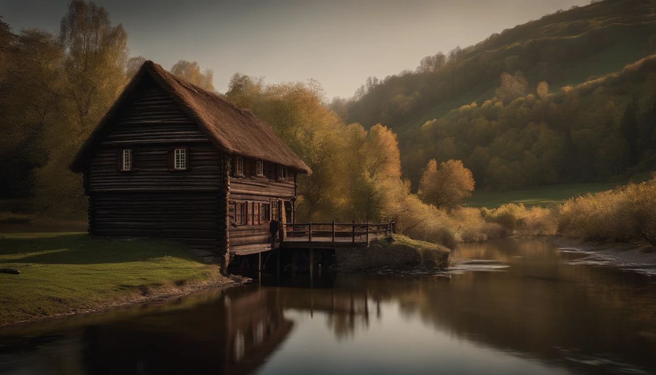 A wooden house next to a watermill with large rollers，A river，uni, detailed scenic view, , medieval village, ，Heroes of Might & Magic 3，Fantastical，4K，best qualtiy，primitive，light and shadow effect，illumination，（(Ultra-detailed and high-precision details))