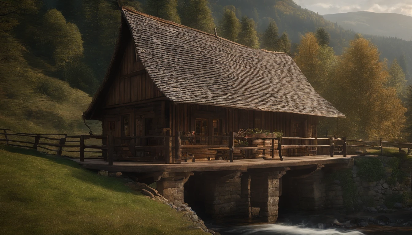 A wooden house next to a watermill with large rollers,A river,uni, detailed scenic view, , medieval village, ,Heroes of Might & Magic 3,Fantastical,4K,best qualtiy,primitive,light and shadow effect,illumination,((Ultra-detailed and high-precision details))