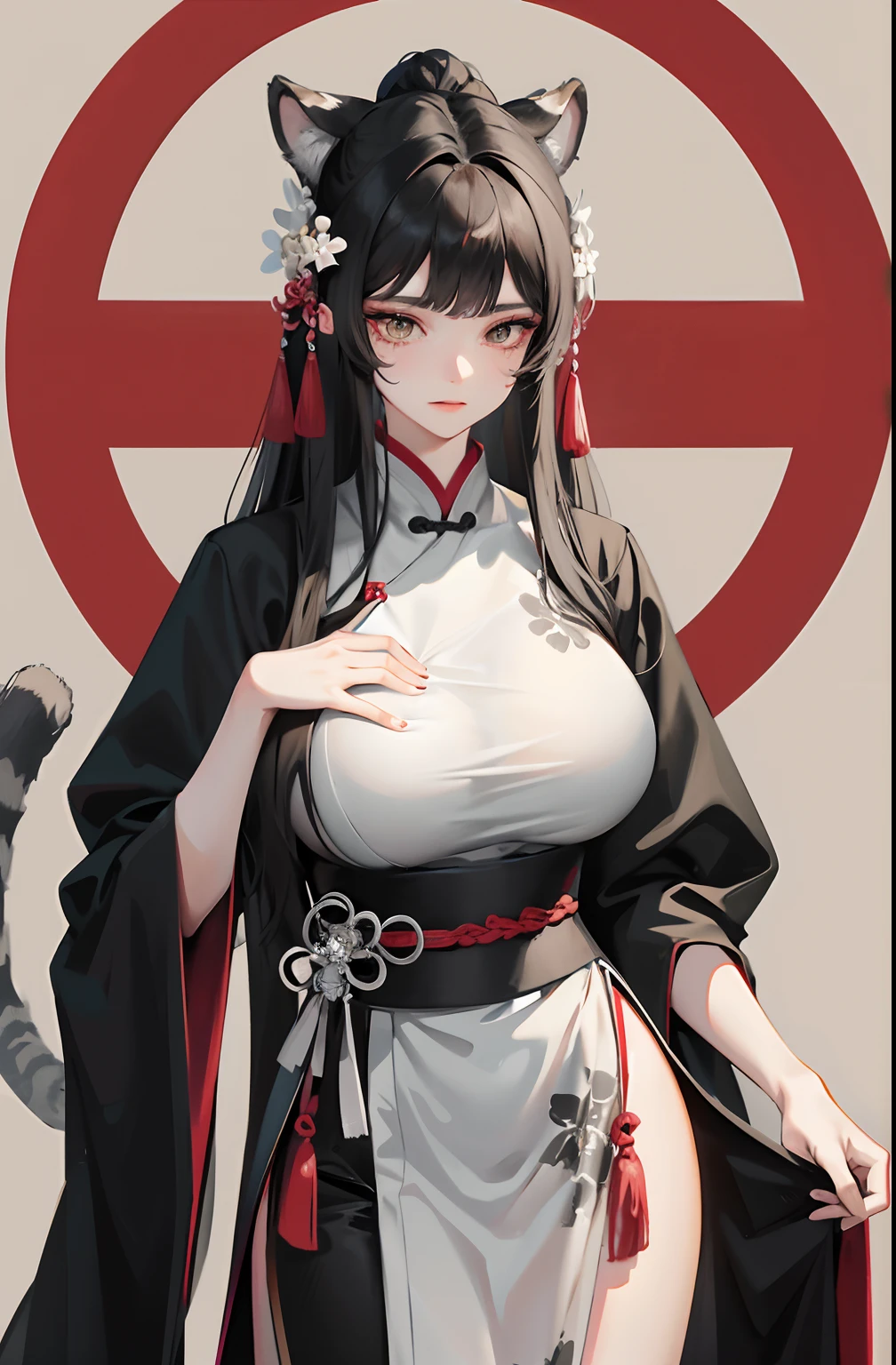grown woman,Short white and black hair,Gray eye,gray pupil,Red Chinese-style clothing,Hanfu,Tall and tall,Tiger ears,huge tit