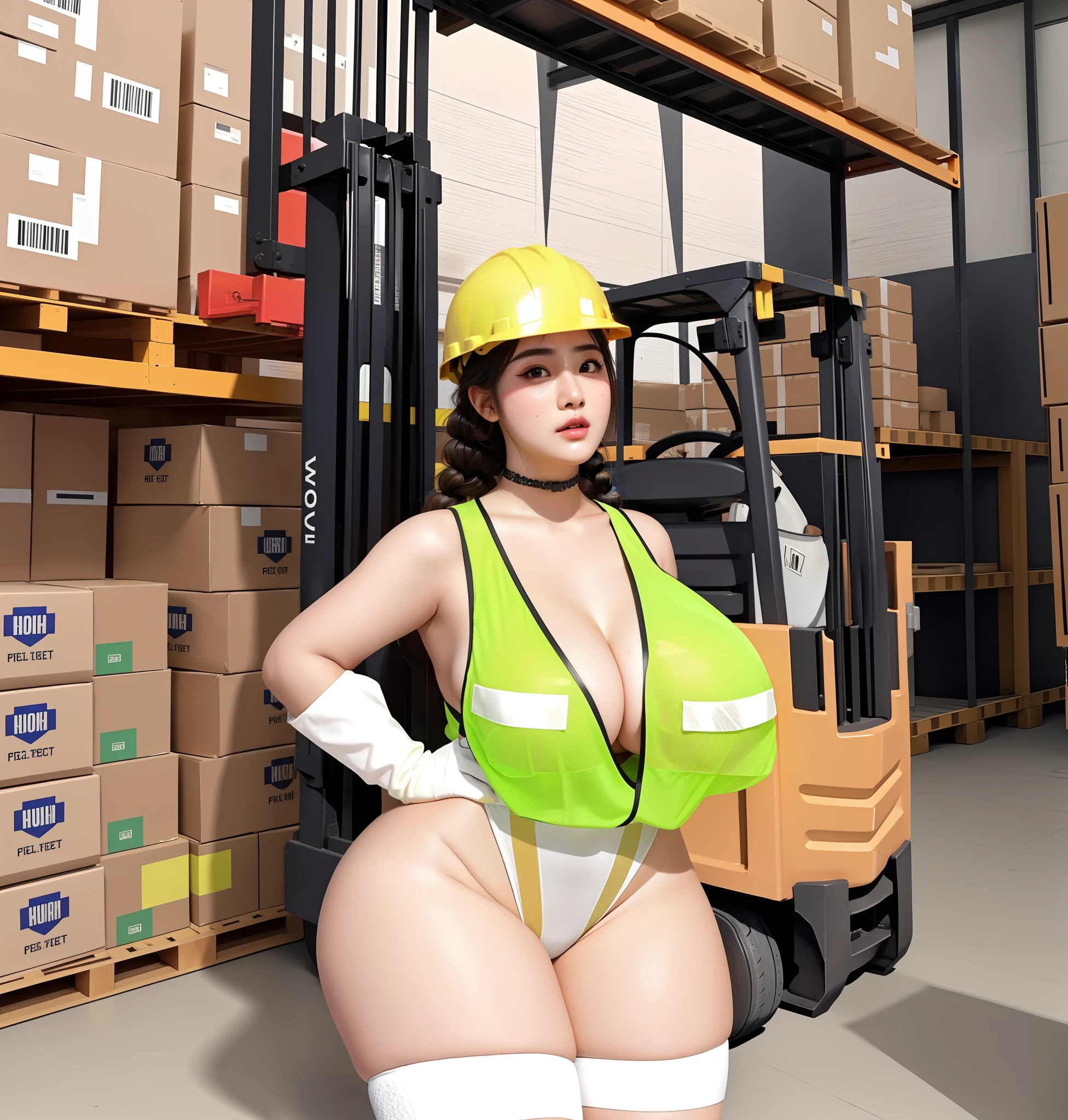 An Idol k-pop girl, (cute face:1), (lewd face:1), braid hair, intricate face details, detailed face, golden ratio face, ((huge breasts:1)), ((large breasts:1)), ((giant breasts:1)), ((big breasts:1)), ((slim waist:1)), ((big butt:1)), ((big hip:1)), ((big thighs:1)), ((thick thighs:1)), ((intricate hands:1)), ((detailled hands:1)), ((intricate feets:1)), ((detailled feets:1)), (polished skin:1,9), (sweaty:1,9), (thicc:1), (erotic:1), (perverted:1), (she is sexually aroused:1), (full body:1), (look at viewer:1), 64K, UHD, HDR, global illumination, (high quality, high detailed, hyper detailed, extremely detailed), photo realistic, ultra realistic, art photo, (clarify the details, detailed parts body), intricate artwork masterpiece, trending on artstation, (drunk face), standing, safety vest, safety helmet, forklift, long socks, long gloves, the boxes