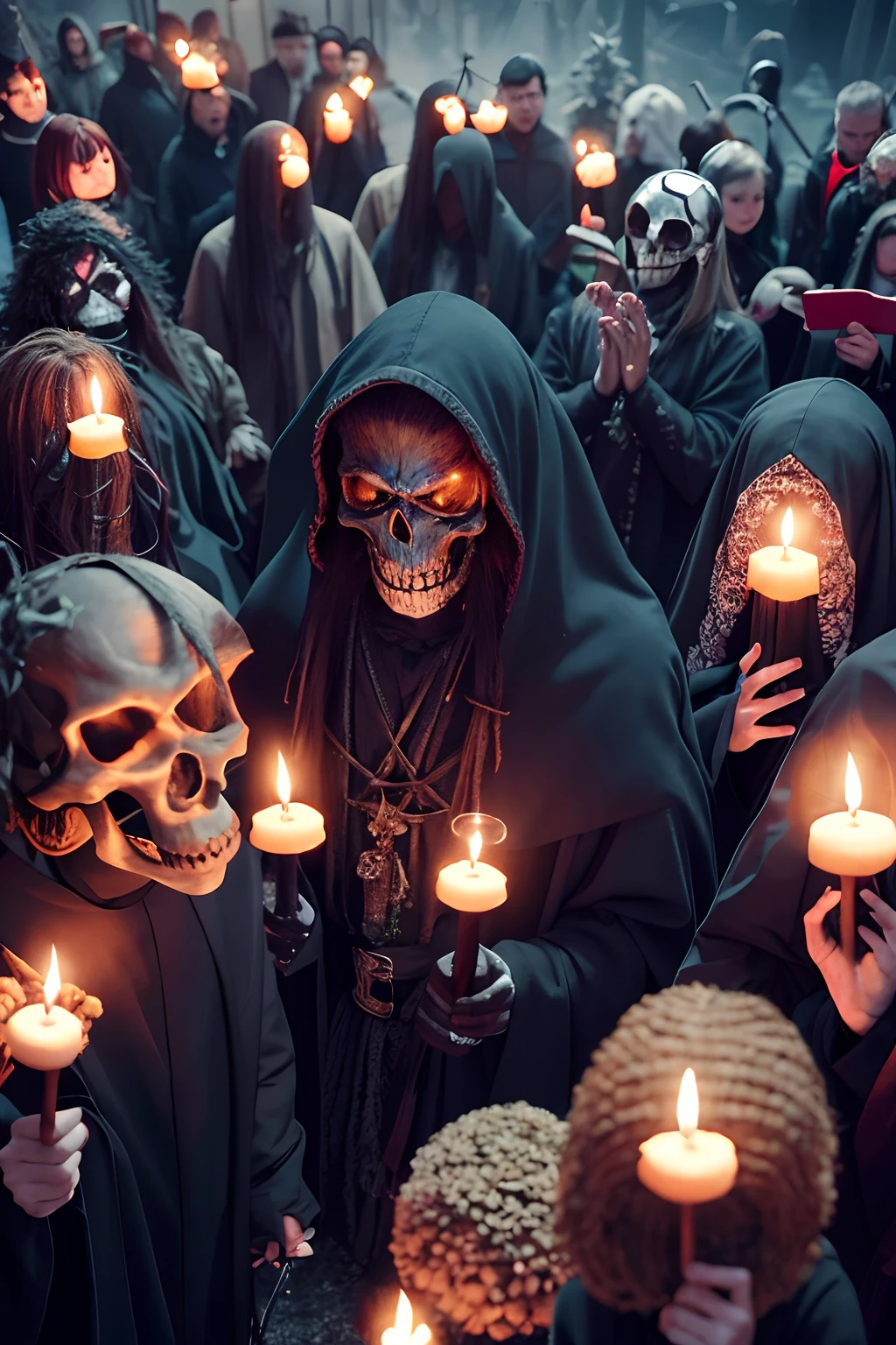 Many of them,group of people,A wizard with a skeleton mask,tmasterpiece, Surrealists, 8k, darkly, Pagan rituals, darkly, funk, terroral, the night, Perfect realism, holding, Demon entities, Dark feathers, black forest,The man in the middle holds the flower and prays。