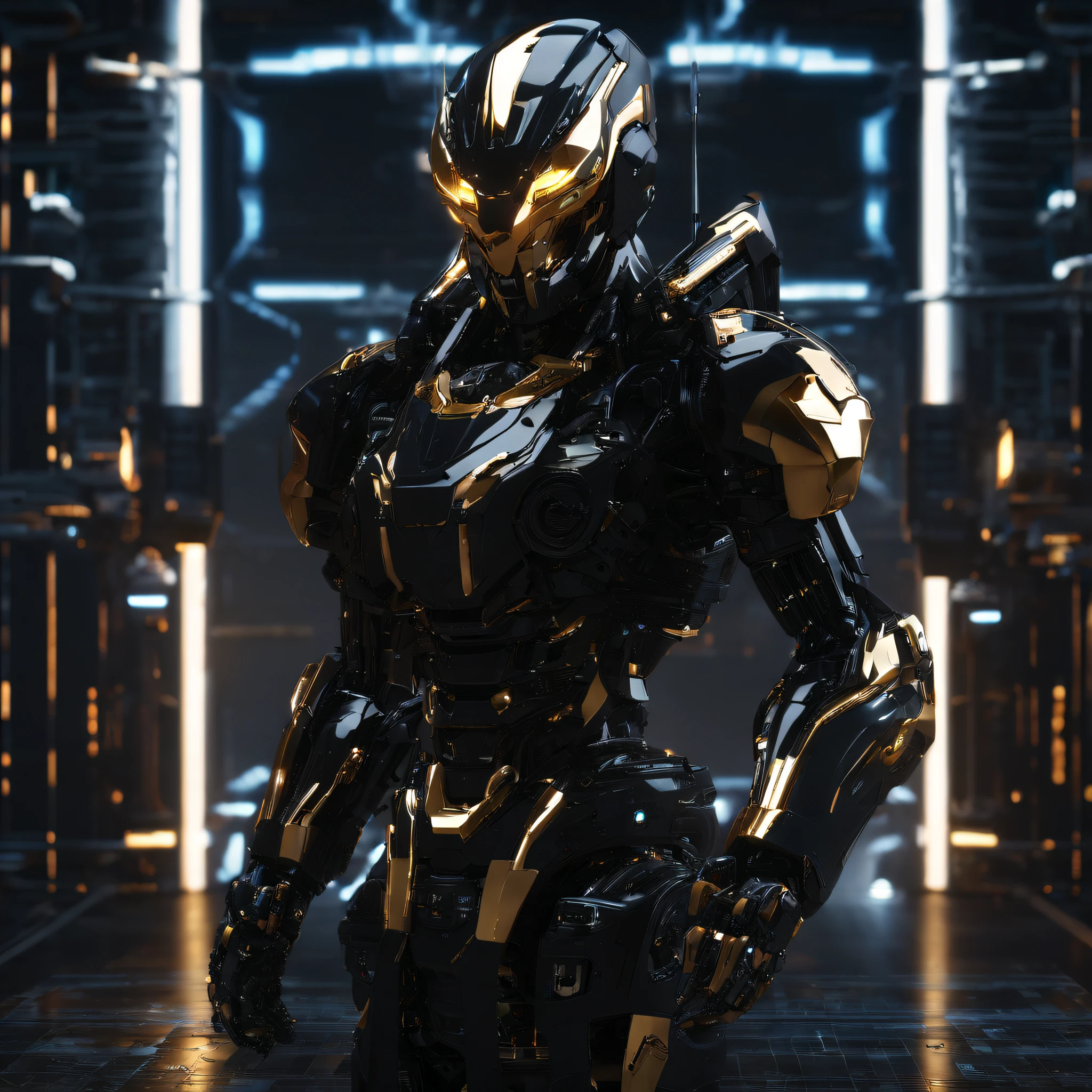 An alien,Solo,full bodyesbian,Humanoid,mechs,(Wearing inky black clothes/Mecha with golden zirconia ceramic surface:1.5),(((Hard surface properties))),(((streamlined line design))),It has refined features in a sci-fi environment,with light glowing, Sparks and lights, best qualtiy,tmasterpiece,Photorealsitic, Highly detailed, iintricate,unreal 5 render,
