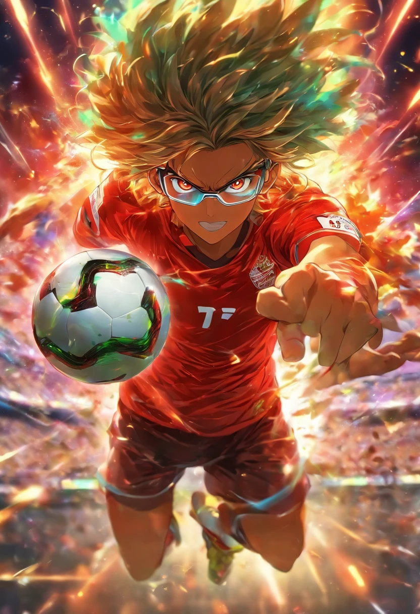 homem, cabelo vermelho, wearing goggles, olhos iluminados, kicking a ball too hard, partida de futebol