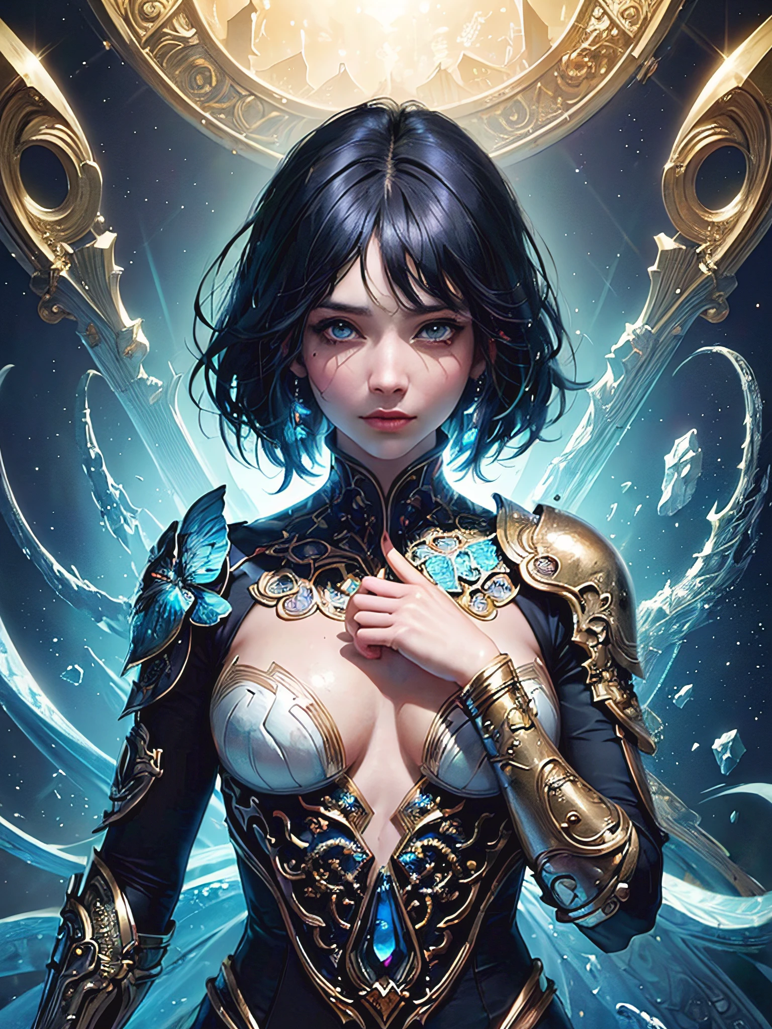 ((Best Quality, 8k, Masterpiece: 1.3)) Beautiful Woman: 1.3 (black short hair with fringe) (blue eyes), Beautiful Face, Crawling Saturated Colors, Psychedelic Images, LSD, Mandala, Fractals, Clothing, Tattoos, Painted Body, Body Tilted Forward, Similar to Alex Gray's Art, Lots of Color Saturation, Swirls, Surreal, Planet Earth, Galaxies, Lots of Lighting, Shadows and Contrast, Role Play, Realistic Eyes, Blue Iris, 3D Depth, (Close-up), Realistic Skin Texture, Detailed Sharp Scales, Colorful, fantasy art, artgerm ruan jia and greg rutkowski surrealist wet lacquer gold butterfly filigree art, broken glass