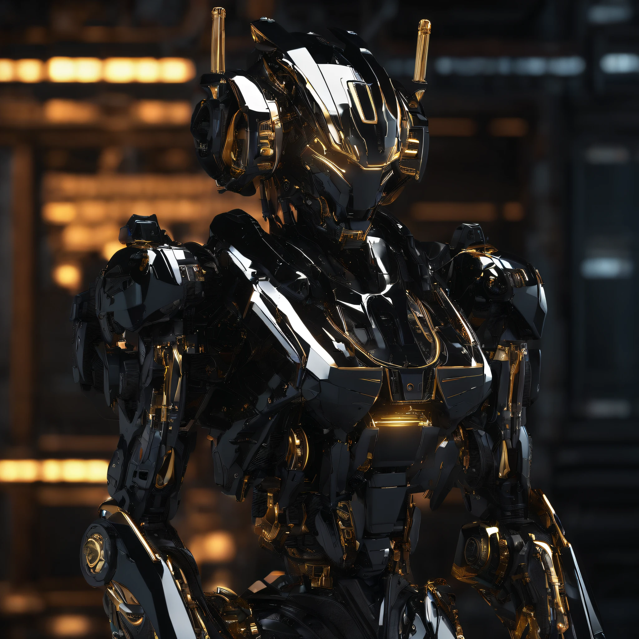 An alien,Solo,full bodyesbian,Humanoid,mechs,(Wearing inky black clothes/Mecha with golden zirconia ceramic surface:1.5),(((Hard surface properties))),(((streamlined line design))),It has refined features in a sci-fi environment,with light glowing, Sparks and lights, best qualtiy,tmasterpiece,Photorealsitic, Highly detailed, iintricate,unreal 5 render,