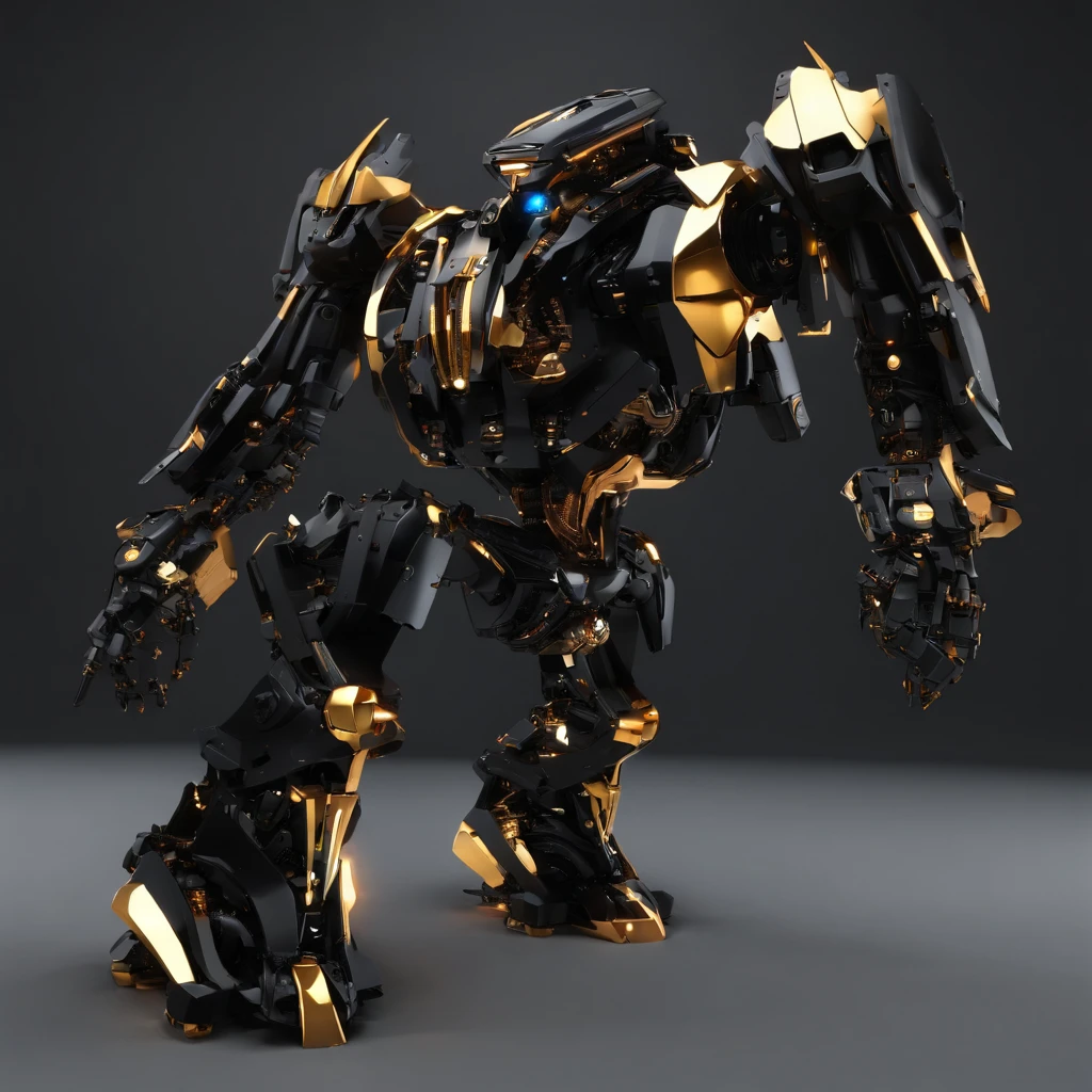 An alien,Solo,full bodyesbian,Humanoid,mechs,(Wearing inky black clothes/Mecha with golden zirconia ceramic surface:1.5),(((Hard surface properties))),(((streamlined line design))),It has refined features in a sci-fi environment,with light glowing, Sparks and lights, best qualtiy,tmasterpiece,Photorealsitic, Highly detailed, iintricate,unreal 5 render,