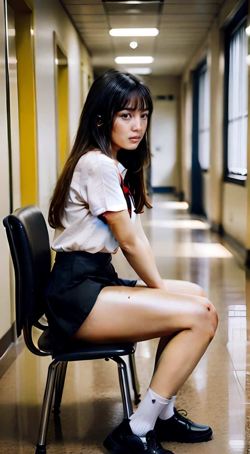(Medium_shot:1.2), Best Quality, (8K, Raw photo, high angle full body shot,longshot,masutepiece:1.2), (Realistic, Photorealsitic:1.4),(1girl in),Japan High School Miniskirt Uniform,bow ribbon,Long straight hair,((thighs thighs thighs thighs,groin)),(Slender body,Brown skin),Sitting on a chair in a high school hallway and opening legs