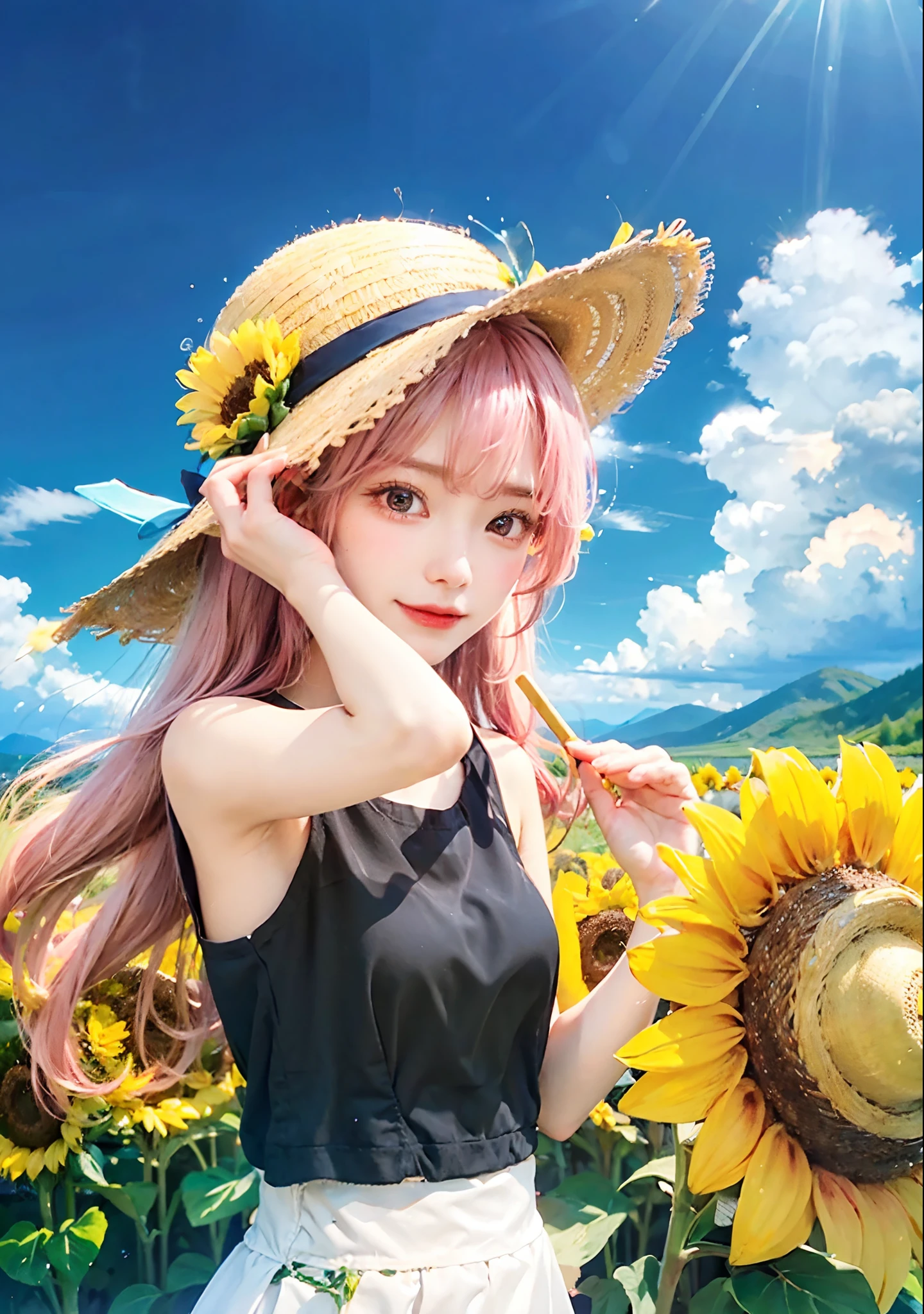 sunflower, cloud, flower, day, sky, hat, blue sky, cloudy sky, straw hat, solo, flower field, field, sun hat, outdoors, mountain, 1girl, summer, long hair, pink hair, popsicle, ocean, condensation trail, red eyes, hill, looking at viewer, sleeveless, horizon, yellow flower