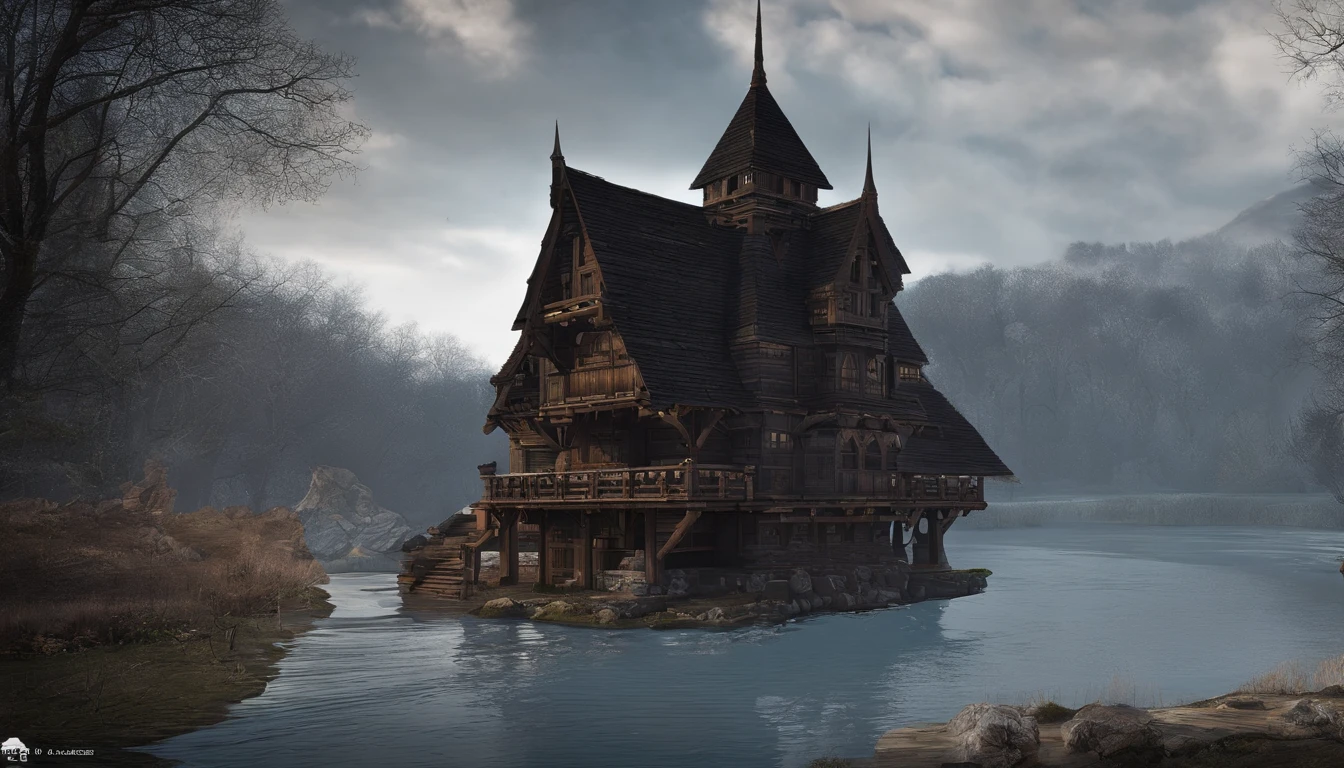 A wooden house next to a watermill with large rollers,A river,uni, detailed scenic view, , medieval village, ,Heroes of Might & Magic 3,Fantastical,4K,best qualtiy,primitive,Light,((Ultra-detailed and high-precision details))