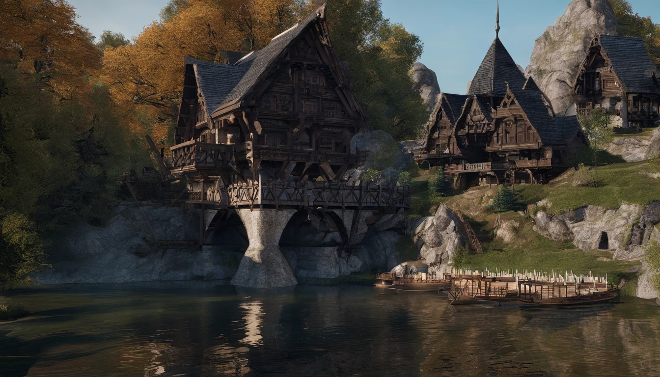 A wooden house next to a watermill with large rollers,A river,uni, detailed scenic view, , medieval village, ,Heroes of Might & Magic 3,Fantastical,4K,best qualtiy,primitive,Light,((Ultra-detailed and high-precision details))