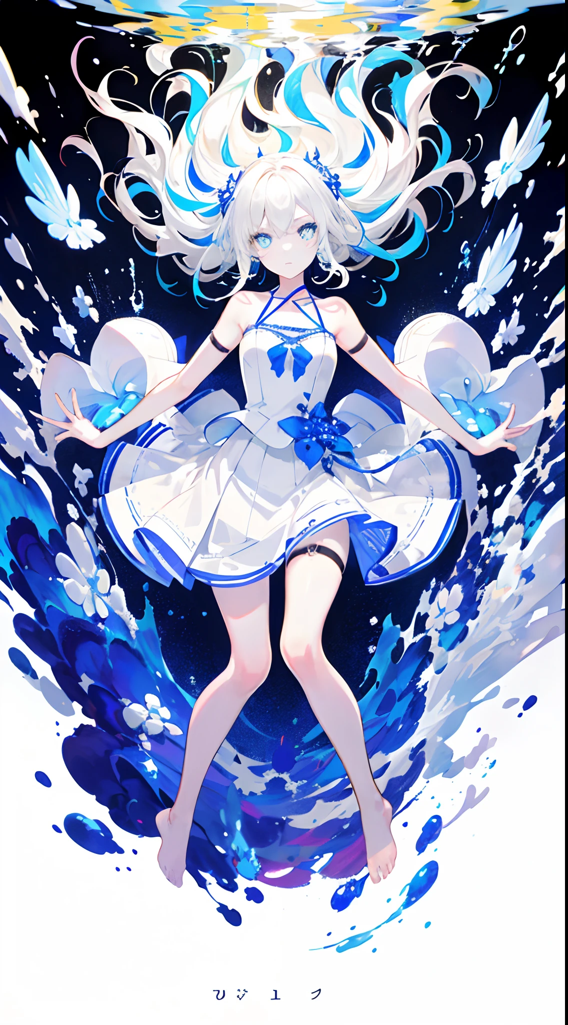 (Masterpiece, Best Quality: 1.2), (Super Detailed), (Illustration), Super High Resolution, Super Delicate Face, Delicate Eyes, Blue Pupils, Finger Details, Wallpaper, Original, 1girl, Messy White Hair, Thin Shoulder Straps, White Skirt, Bare Legs, Barefoot, Bare Arms, Full Body, (Surrounded by Colorful Splashes and Dots), Colored Bubbles, (Shiny), Simple Background