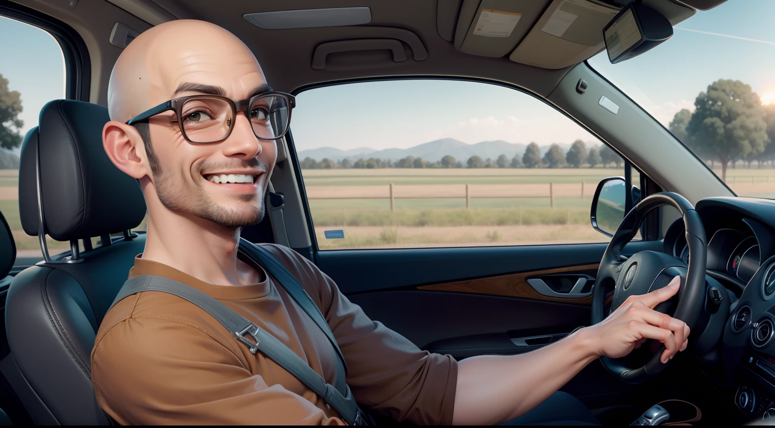 one character,bald man wearing glasses, without a beard, in brown clothes ,brown tshirt,  with a  smile, driving in the background a green Kombi style van in a field,