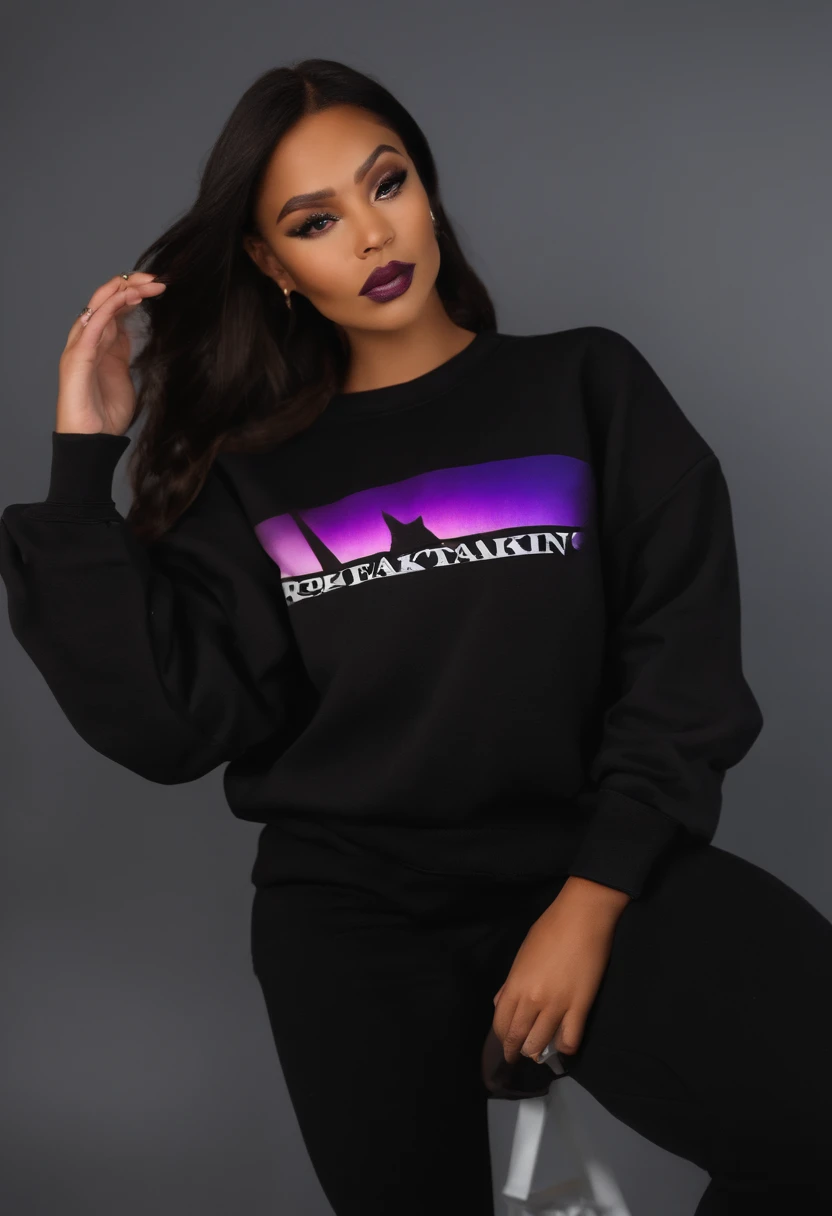 Sweatshirt,black in color,The neckline is a purple gradient letter logo