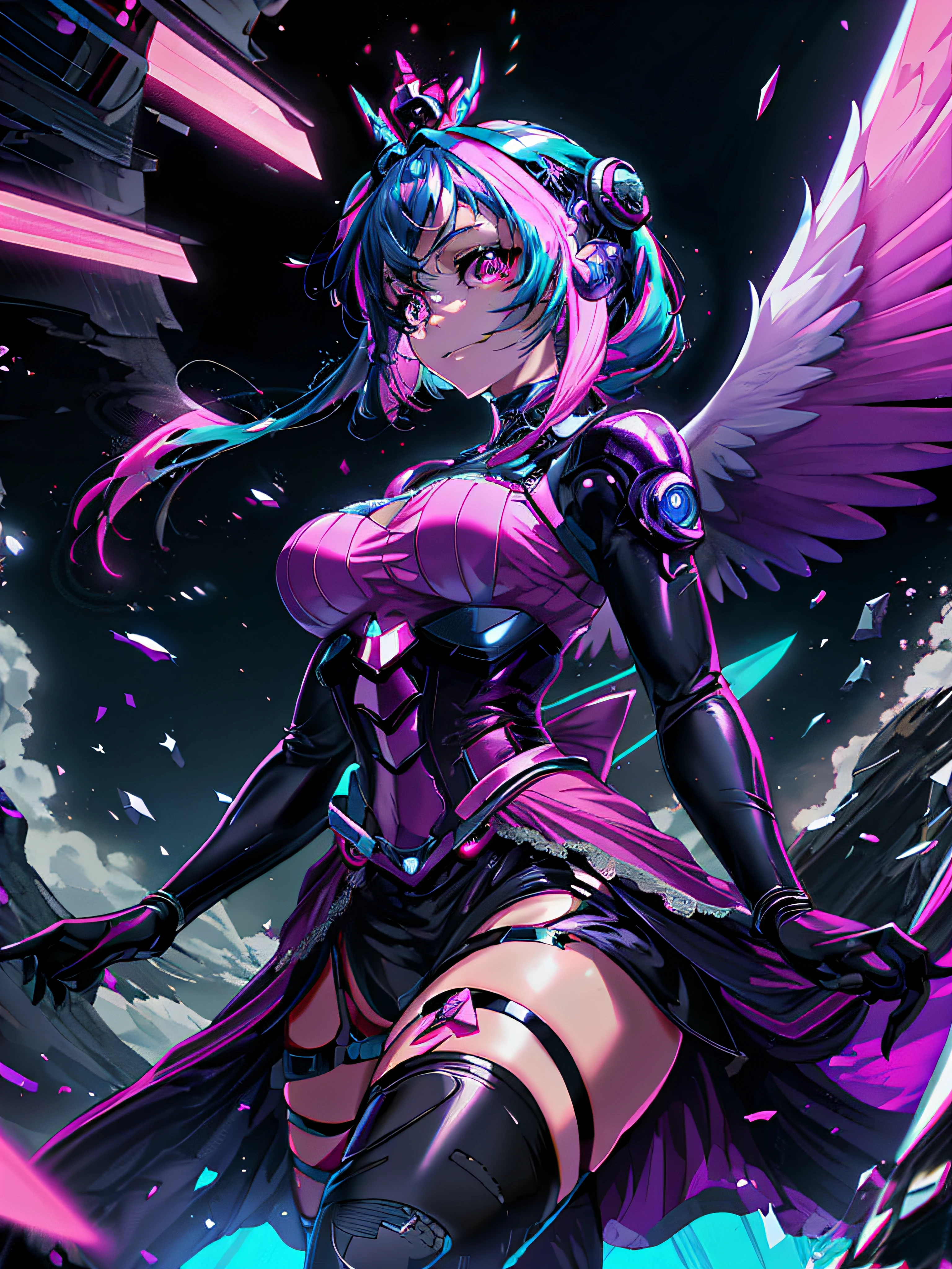 Anime girl with wings and purple dress in space environment, beautiful cyborg angel girl, anime cyberpunk art, Digital cyberpunk anime art, style of anime4 K, Extremely detailed Artgerm, digitl cyberpunk - anime art, female cyberpunk anime girl, cyberpunk anime girl, Mechanized Valkyrie girl, Anime epic artwork, Anime fantasy artwork, angel knight girl