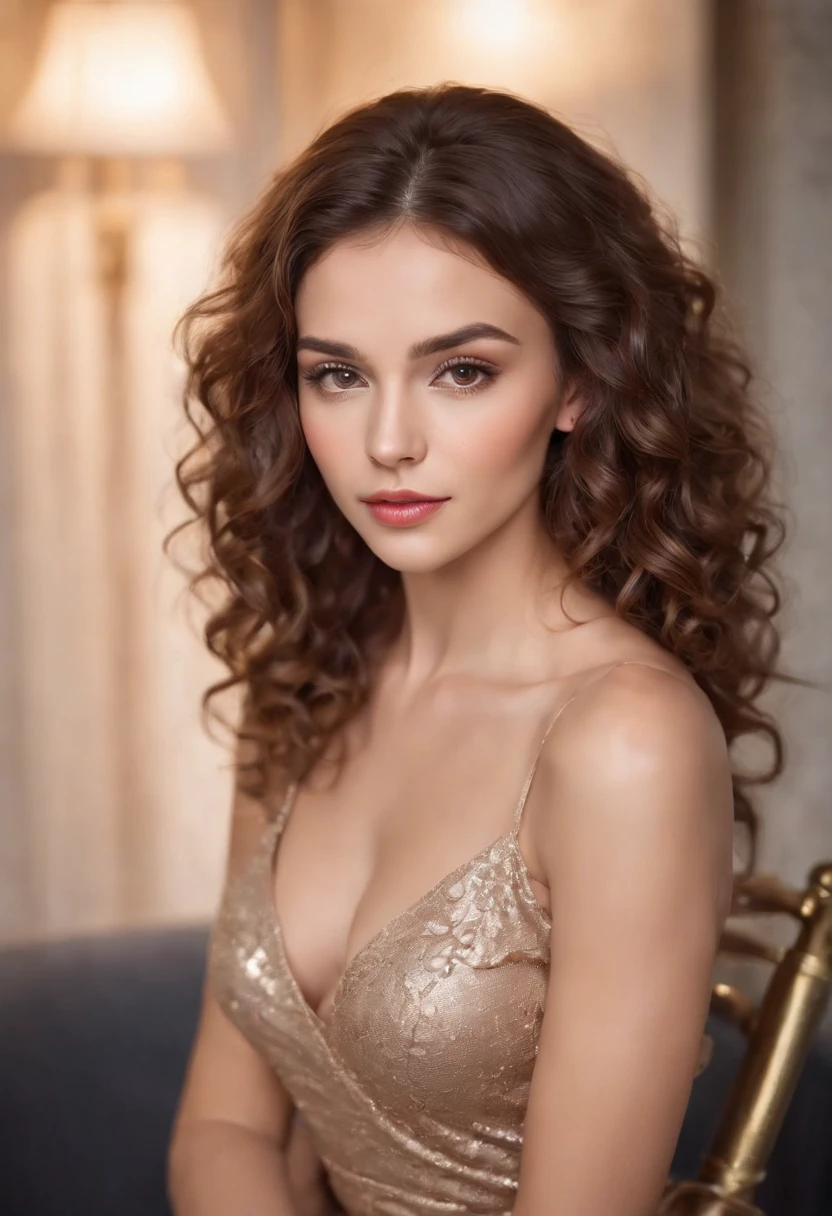(soft focus:1.2), photo, attractive mixed woman, (beautiful face:1.1), detailed hazel eyes, luscious lips, (cat eye makeup:0.85), (medium eyes:1.0), (toned body:1.2), (curly hair:1.2), wearing (sundress:1.2) sitting on a (chair:1.2). (moody lighting:1.2), depth of field, bokeh, 4K, HDR. golden skin, hazel eyes, beauty marks, honey skin, wearing leather as a dominatrix (holding a crop) Cinematic photo