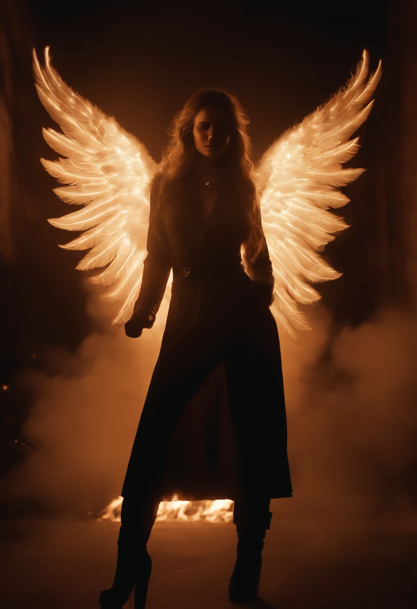 La mejor calidad, Obra maestra, ultrahigh resolution, (realistic photograph:1.4), surrealismo, dream-like,FusionArt, angel caido malvado femenino con alas enormes de fuego tirado en el suelo, en una ciudad apocaliptica en llamas, mirando a la camara, Magia de sombras, Control de la oscuridad, sigilo, Shadowstep, Hechizos de umbral, Cuchilla oculta,