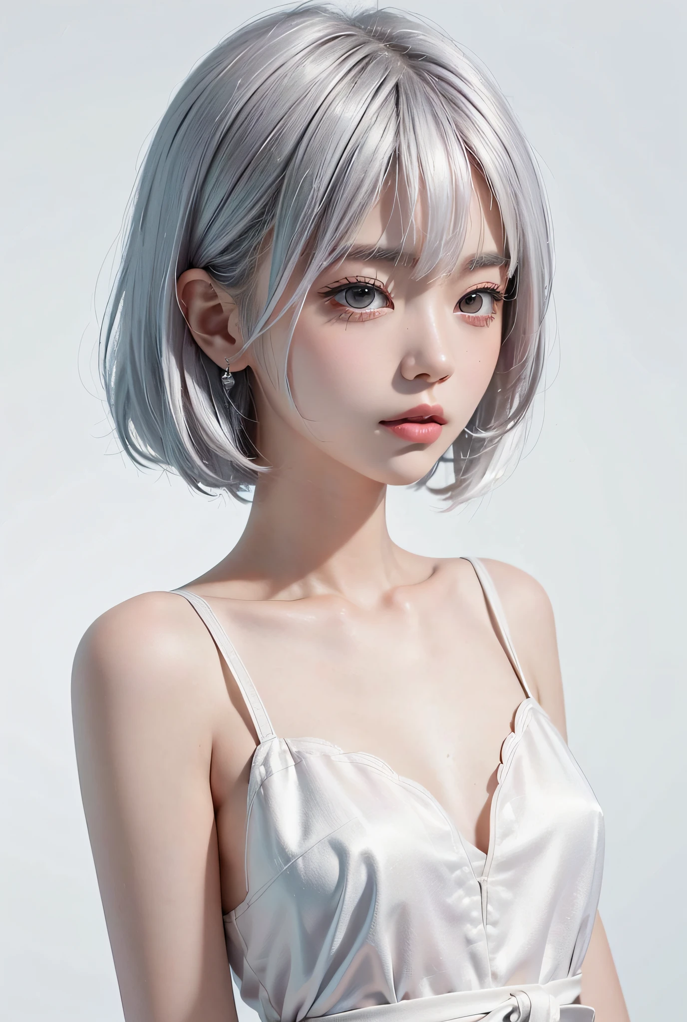 ((Close-up of a woman with tattoos on her chest)), girl, ((Short white hair with bangs, Black strands of hair)), Purple eyes, White T-shirt and white cape, Pendant around the neck. 超High resolution.Realistic. 超High resolution.Realistic:1.4,超High resolution. Realistic,High resolutionで, masterpiece, Highest quality, Very detailed, Better Shadows, Volumetric lighting), super high quality, High resolution, 8k, Ultra-Realistic Portraits , Realistic, Dynamic Lighting, Volumetric lighting, Very detailed顔,(Browsing Caution:1.2),Large Breasts