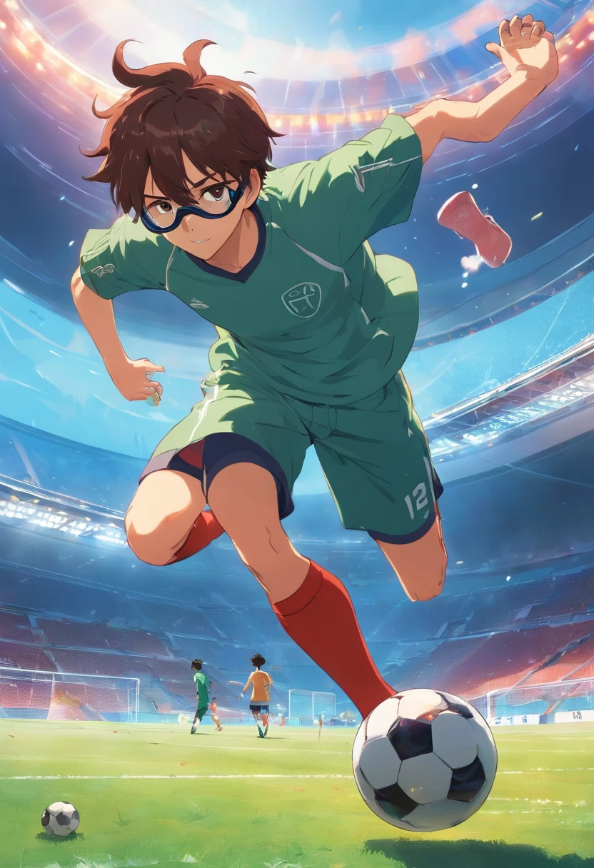 homem, cabelo vermelho, wearing goggles, kicking a ball too hard, partida de futebol