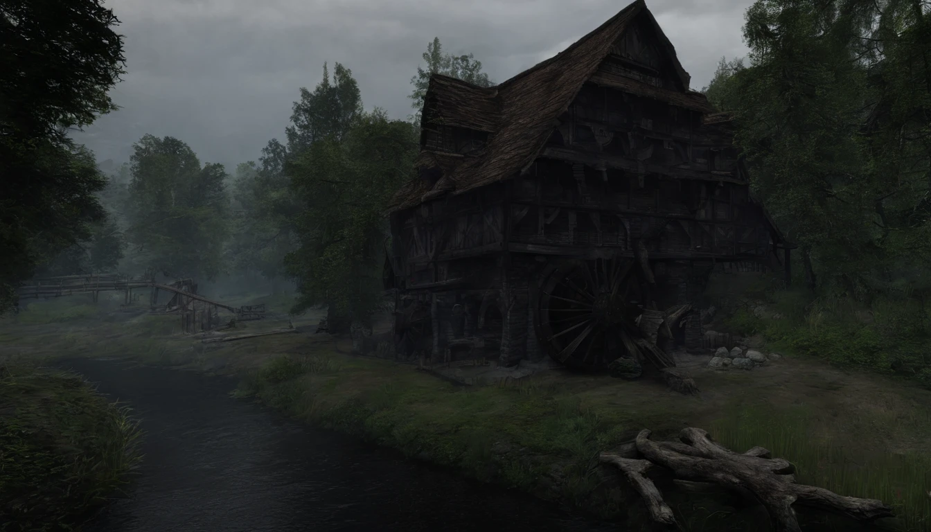 A wooden house next to a watermill with large rollers,A river,uni, detailed scenic view, , medieval village, ,Heroes of Might & Magic 3,Fantastical,4K,best qualtiy,primitive,Light,((Ultra-detailed and high-precision details))