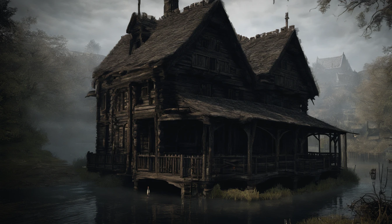 A wooden house next to a watermill with large rollers，A river，uni, detailed scenic view, , medieval village, ，Heroes of Might & Magic 3，Fantastical，4K，best qualtiy，primitive，Light，（(Ultra-detailed and high-precision details))