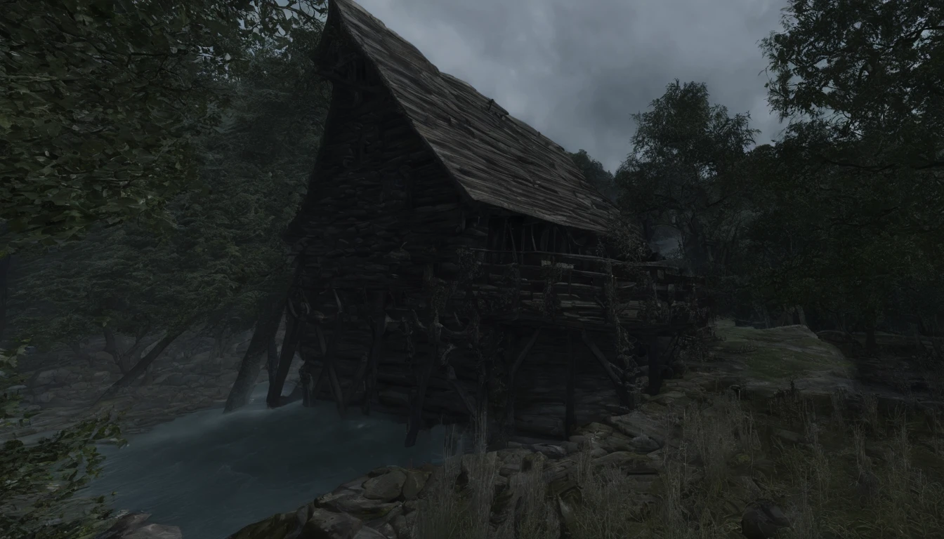 A wooden house next to a watermill with large rollers,A river,uni, detailed scenic view, , medieval village, ,Heroes of Might & Magic 3,Fantastical,4K,best qualtiy,primitive,Light,((Ultra-detailed and high-precision details))