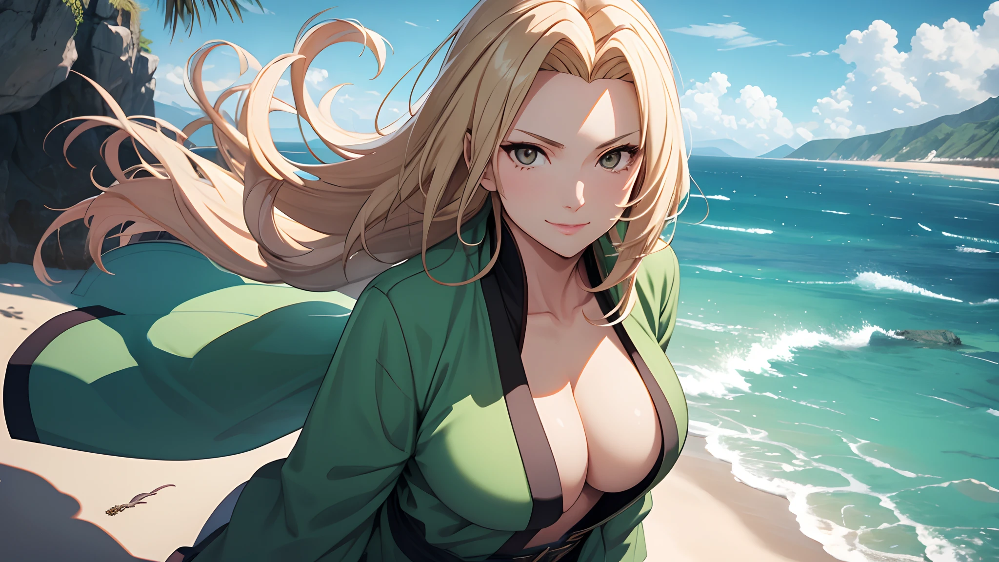 tmasterpiece，blond hairbl，1girl，solo，Green coat，Golden eyes，ssmile，slightly fat big breasts，Be red in the face，Headwinds and sagging，best qualtiy，The is very detailed，Bust photo，Get close to the lens，Top-down view，with a good figure，sfw，Frontal photo，Top-down view，sea，beach