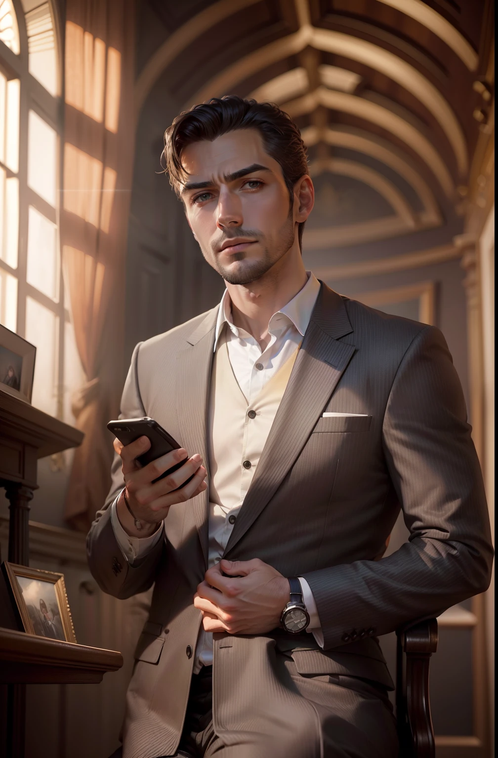 A professional photographic image of A handsome business man sitting comfortably in the armchair, wearing a sophisticated dark suit, looking directly at the camera, highlighting his expressive face and his elegance, highly detailed, elegant, DSLR, canon, pinterest, artstation, smooth, sharp focus, 8k,full shot, 105mm portrait lens