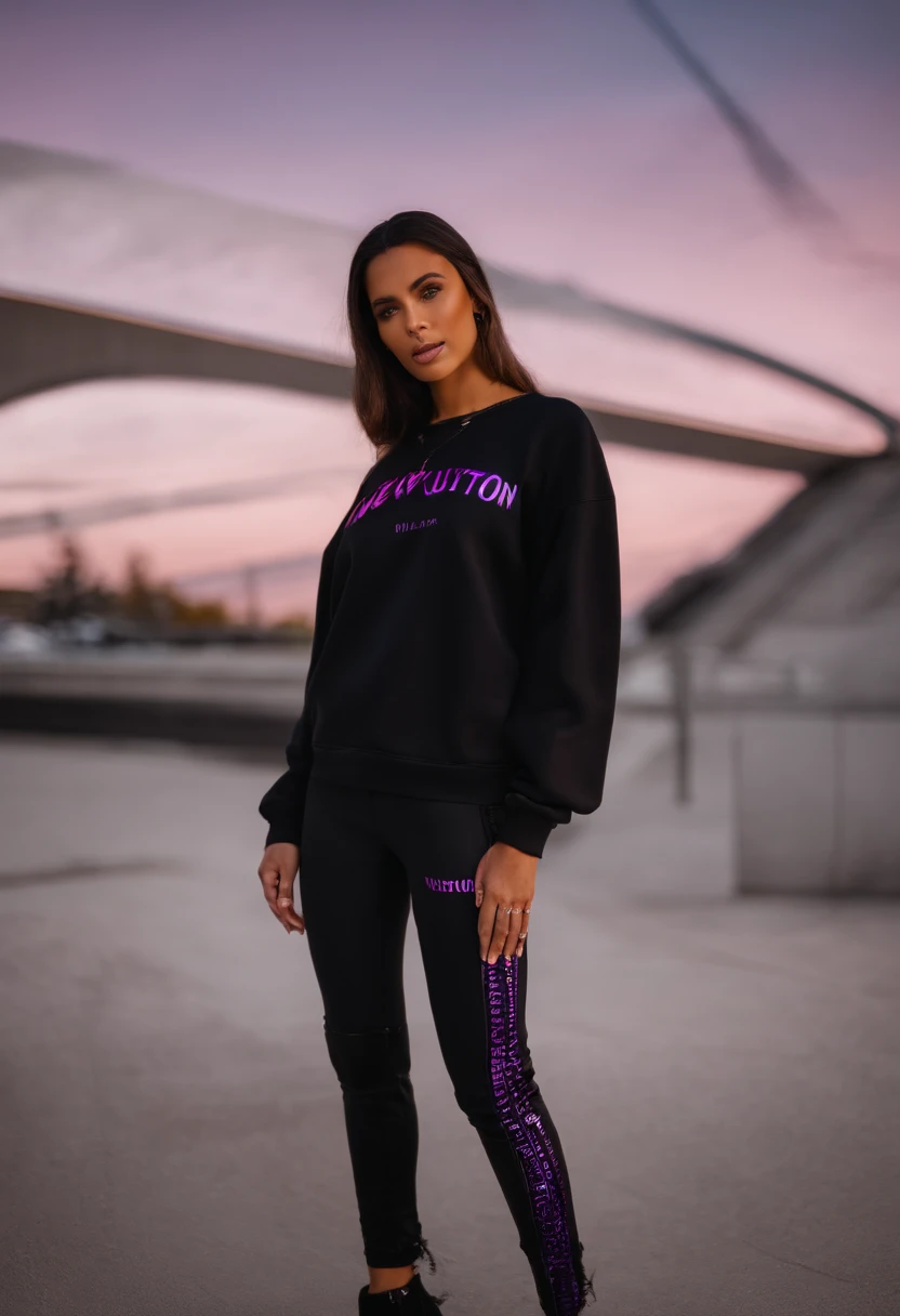 Sweatshirt,black in color,The neckline is a purple gradient Louis Vuitton lettering