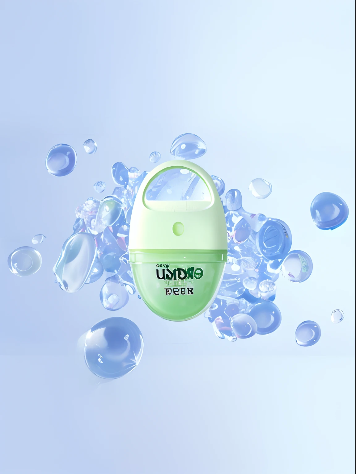 Green products surrounded by water balloons,Green products float,Water balloons spray wrapped products from the back of the product,Water balloons are transparent,The picture is bright overall,