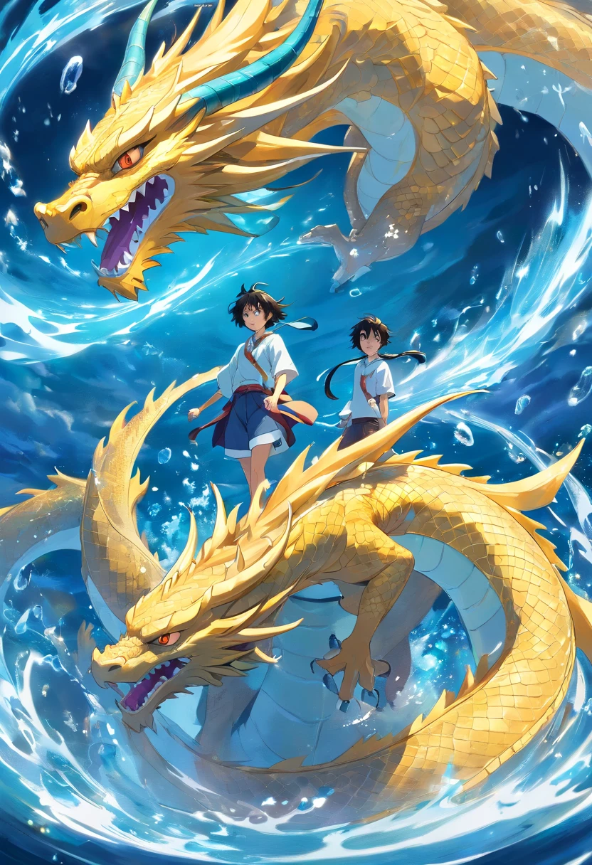 (2dragons asiatique dans bulle dimensionnelle, 1 golden surrounded by the energy of water consciousness and 1 indigo surrounded by the energy of air consciousness)