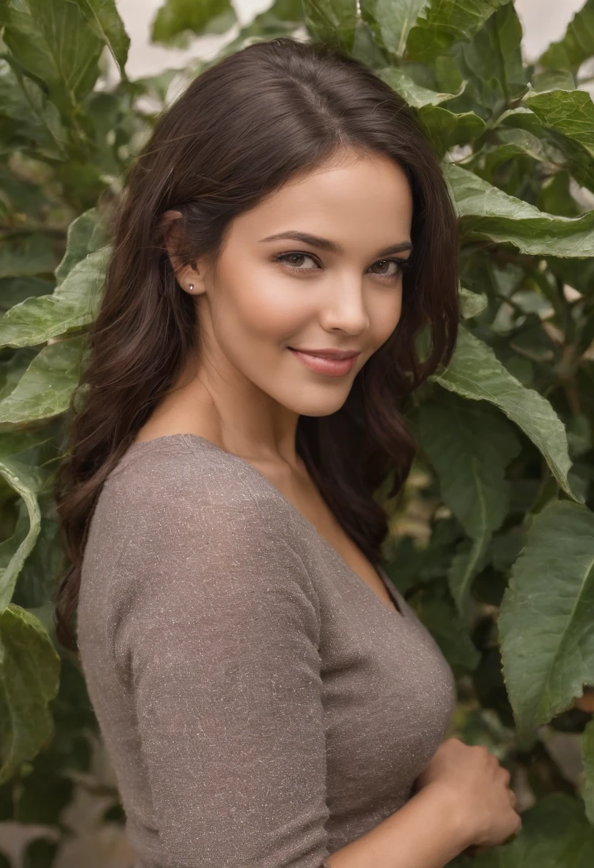 "Ultra-realistic image of a beautiful 29-year-old South African, piel de caramelo, cuerpo perfecto, Vestir, pecho grandes, escote, flaco, cintura ultra delgada, cabello negro, Cabello afro rizado , Gigantesco trasero redondo, de pie junto al jardin, sonriente, penetrantes ojos verdes."