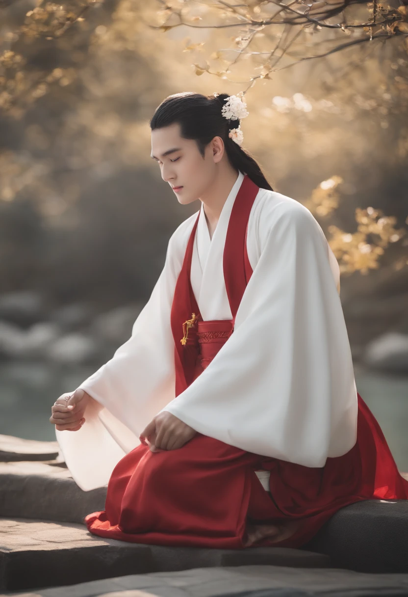 Kizi，Super cute looks，Costume pan hair，Simple lotus hairpin，had his hands folded，Close your eyes and ponder，The appearance of a prayerful prayer，Wearing light cyan Hanfu，solid color backdrop，Light cyan and white match，32Kuhd，Faraway view，in a panoramic view，hyper qualit，hyper HD，Ultra-high resolution comics