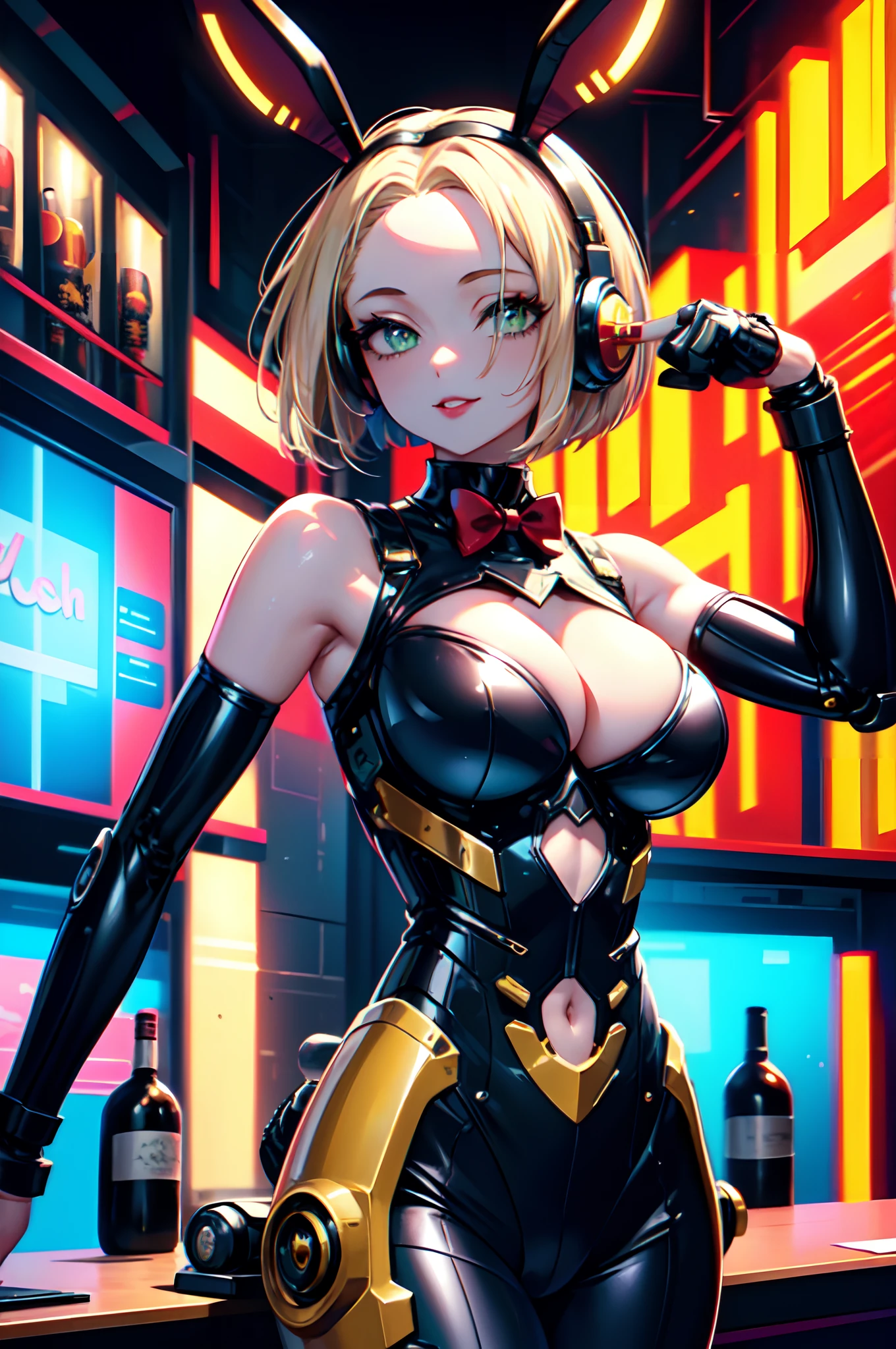 beautiful mechanical woman, solo, (half closed eyes, green eyes), (masterpiece eyes:1.3), BREAK, seductive smile, (mechanical skin:1.1), (exoskeleton leotard:1.3), (bare arms and shoulders:1.3), (cleavage, exposed groin), BREAK, (long eyelashes, red lips), bowtie, rabbit ear headphones, rabbit tail, wrist_cuffs, (blonde hair, bob cut), (forehead:1.3), BREAK, Flat_Chest, Huge_breasts, wide_lower back, (5fingers, 4fingers and 1thumb), BREAK, cyberpunk, (bar), bar counter and round chairs, wine, whiskey, bourbon, neon signboard, professional lighting, best quality, masterpiece, ultra detailed, captures a super cute moment, depth of field, ultra high resolution, fine details, 16k wallpaper,