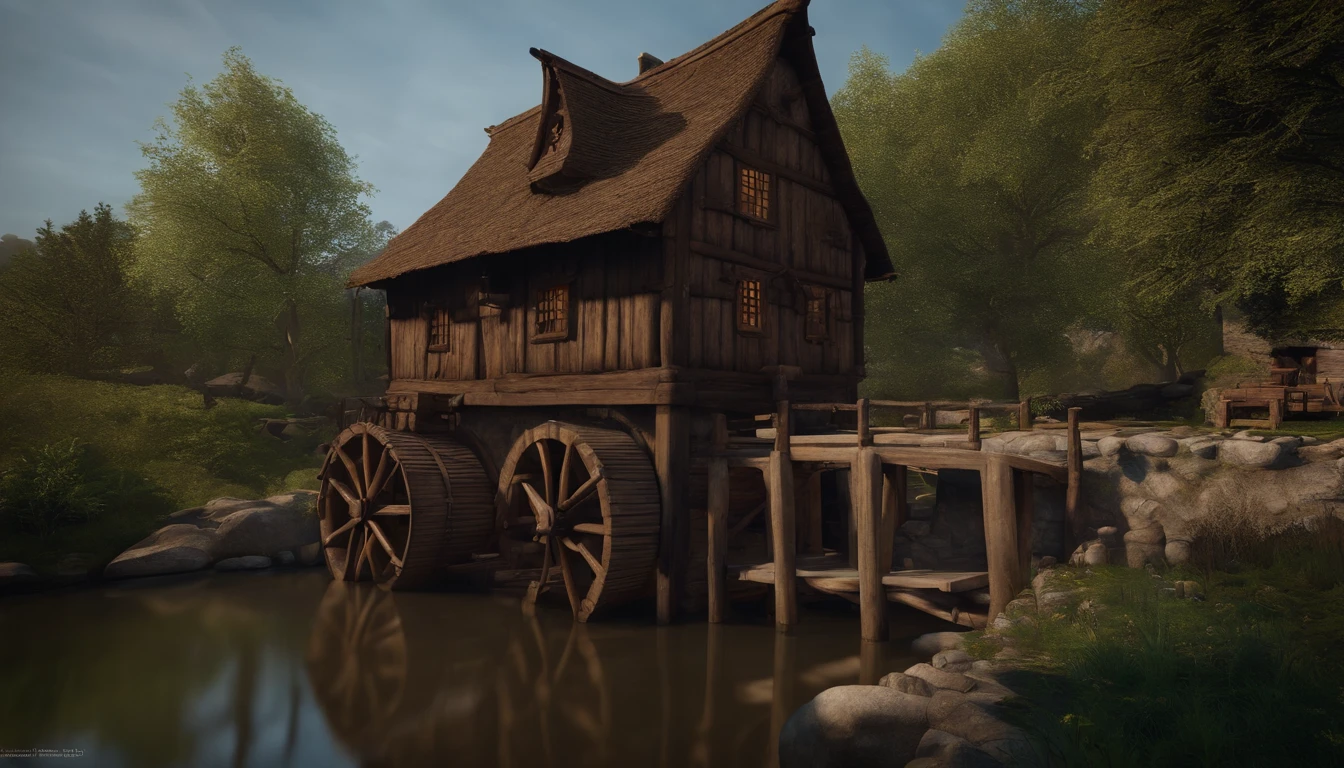 A wooden house next to a watermill with large rollers,A river,uni, detailed scenic view, , medieval village, ,Heroes of Might & Magic 3,Fantastical,4K,best qualtiy,primitive,Light,((Ultra-detailed and high-precision details))