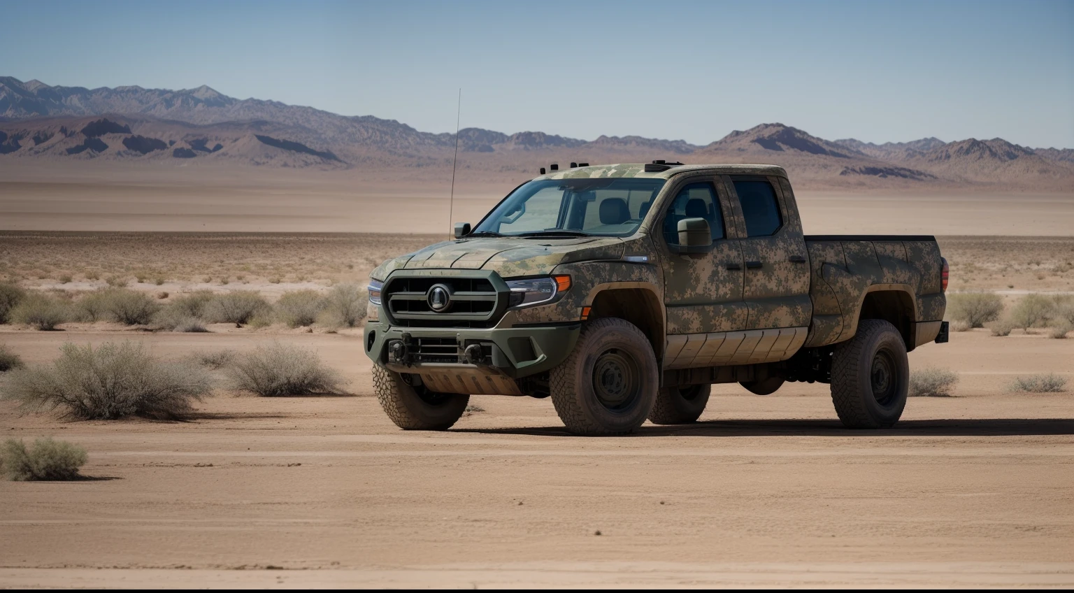 A military camouflage armed truck drives on desert flats,frontage,The front of the car faces the camera
