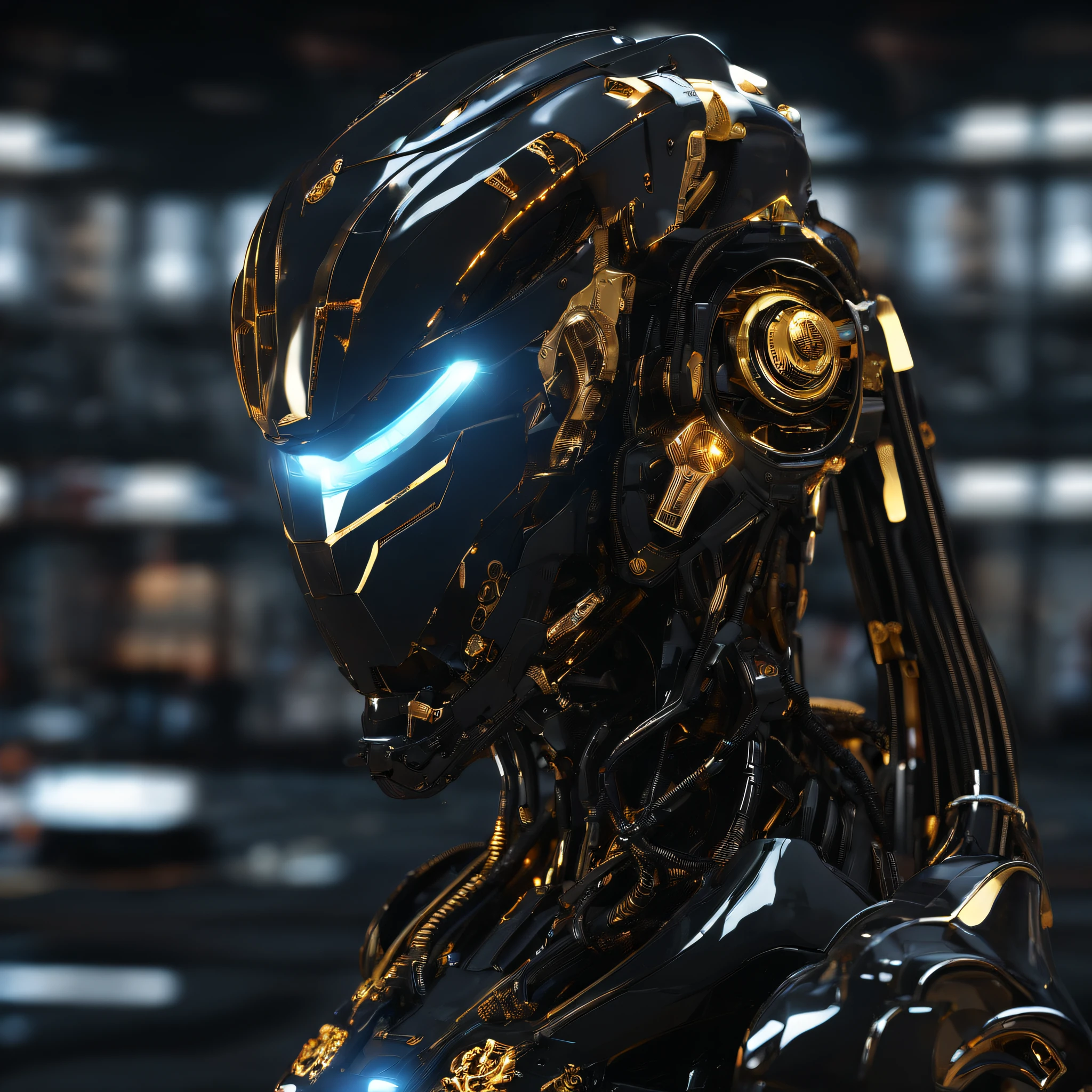 An alien,Solo,full bodyesbian,Humanoid,mechs,(Wearing inky black clothes/Mecha with golden zirconia ceramic surface:1.5),(((Hard surface properties))),(((streamlined line design))),It has refined features in a sci-fi environment,with light glowing, Sparks and lights, best qualtiy,tmasterpiece,Photorealsitic, Highly detailed, iintricate,unreal 5 render,