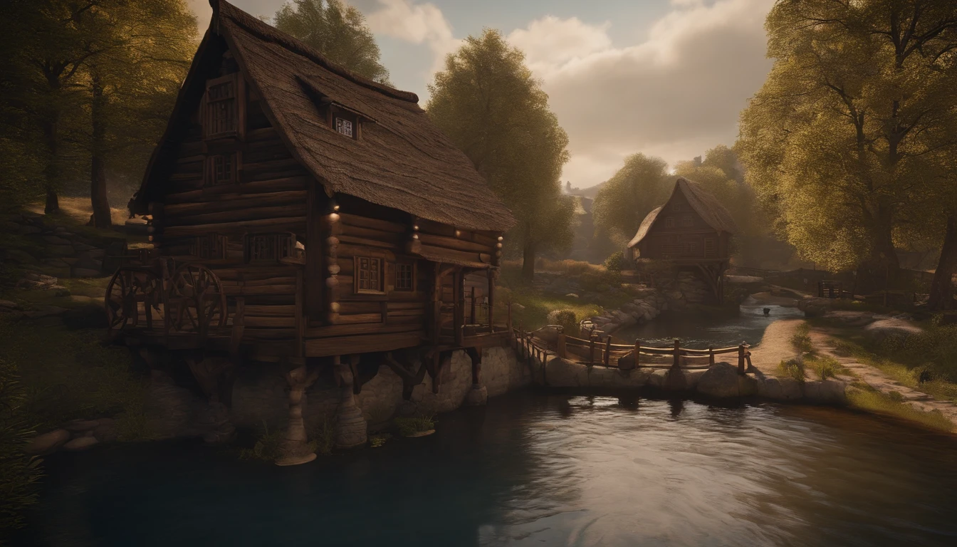 A wooden house next to a watermill with large rollers,A river,uni, detailed scenic view, , medieval village, ,Heroes of Might & Magic 3,Fantastical,4K,best qualtiy,primitive,Light,((Ultra-detailed and high-precision details)),The picture is clear and sharp