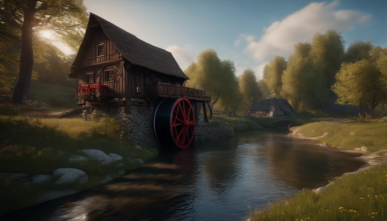 A wooden house next to a watermill with large rollers，A river，uni, detailed scenic view, , medieval village, ，Heroes of Might & Magic 3，Fantastical，4K，best qualtiy，primitive，Light，（(Ultra-detailed and high-precision details))，The picture is clear and sharp