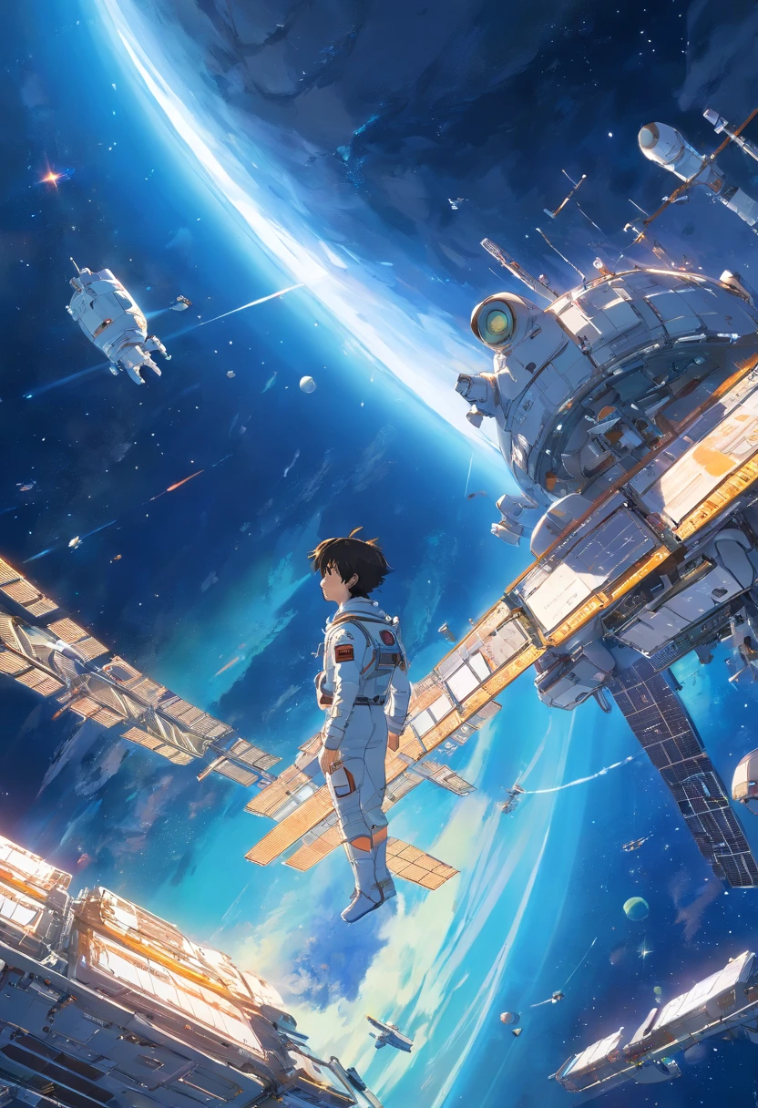A futuristic space station floating in orbit, with many satellites and space ships flying around station, one boy in space suit floating in space, boy gazing into the sky