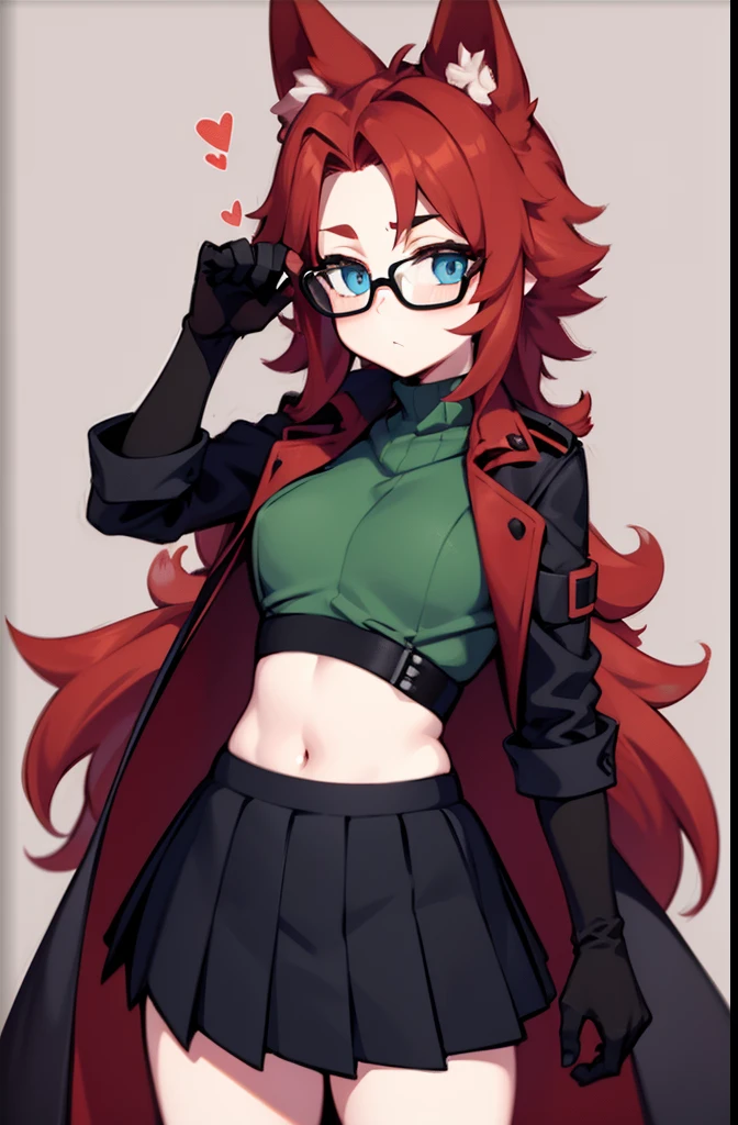 softly toned young adult, small breasts, short scruffy red hair, fox girl, pale blue eyes and black glasses, wearing a dark green coat, red comfy undershirt, long black pleated skirt, black autumn gloves, surprised character