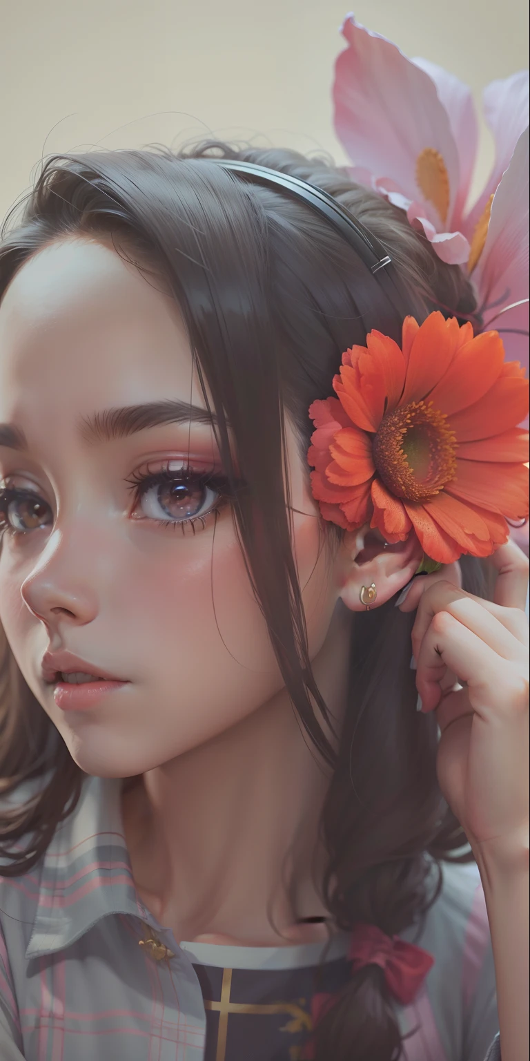 A beautiful anime cute girl, a flower on her ear