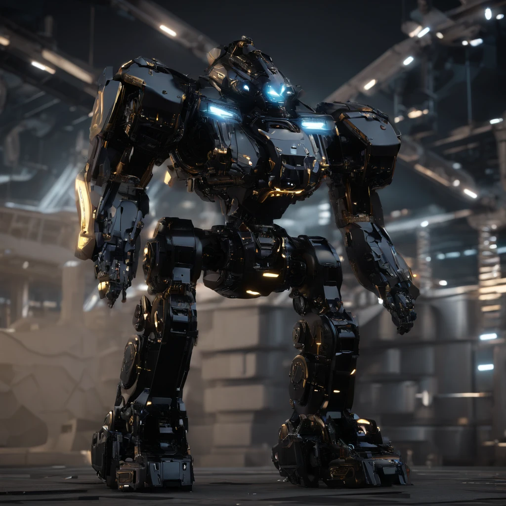 An alien,Solo,full bodyesbian,Humanoid,mechs,(Wearing inky black clothes/Mecha with golden zirconia ceramic surface:1.5),(((Hard surface properties))),(((Angular))),It has refined features in a sci-fi environment,with light glowing, Sparks and lights, best qualtiy,tmasterpiece,Photorealsitic, Highly detailed, iintricate,unreal 5 render,