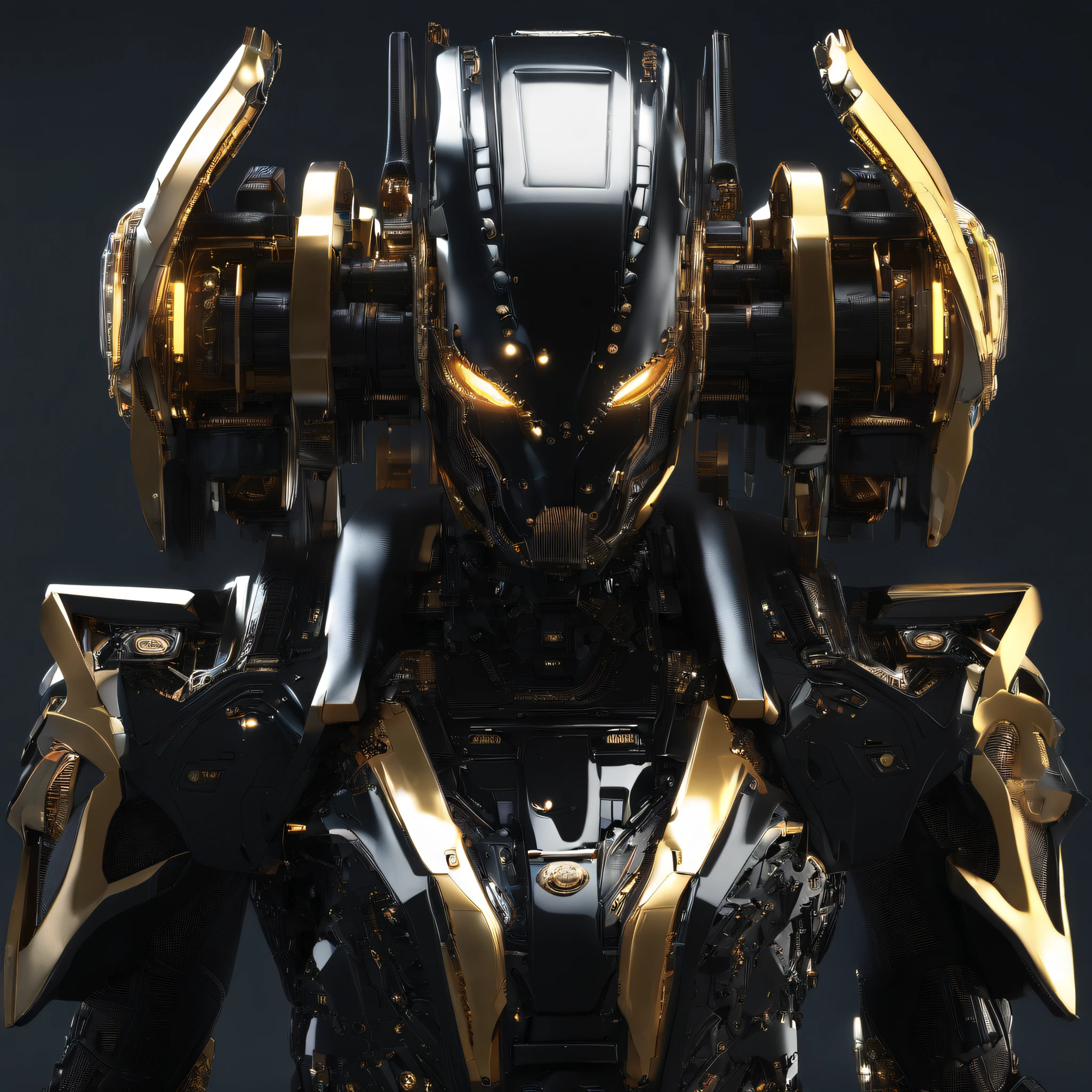 An alien,Solo,full bodyesbian,Humanoid,mechs,(Wearing inky black clothes/Mecha with golden zirconia ceramic surface:1.5),(((Hard surface properties))),(((streamlined line design))),It has refined features in a sci-fi environment,with light glowing, Sparks and lights, best qualtiy,tmasterpiece,Photorealsitic, Highly detailed, iintricate,unreal 5 render,