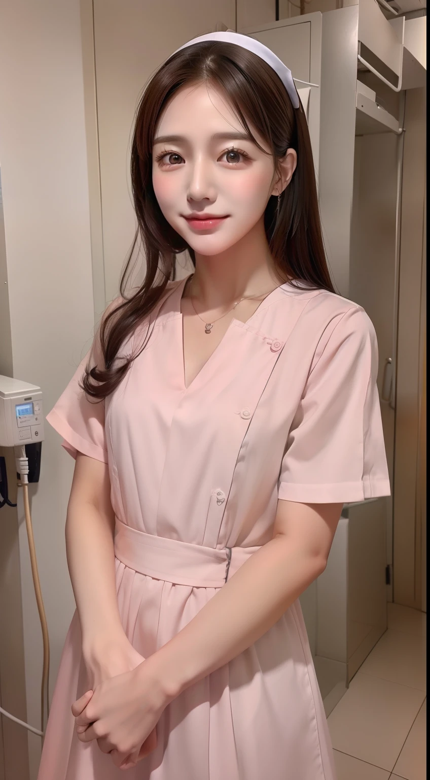 a beauty girl、face perfect、perfect chest、perfect hand、perfect arms、nurse's outfit、Hospital examination room、Full body shot、nurse、Short length