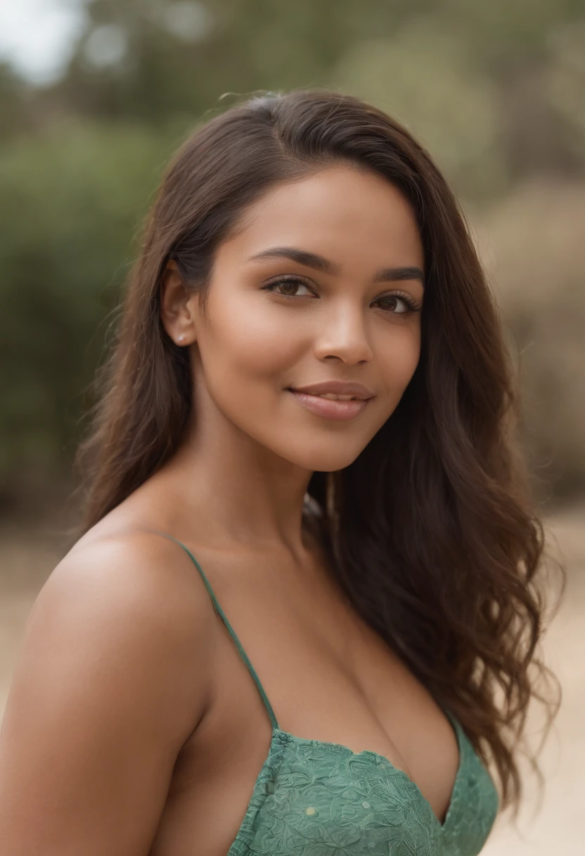 "Ultra-realistic image of a beautiful 29-year-old South African woman, piel de caramelo, cuerpo perfecto, swimming suit, pecho grandes, escote, flaco, cintura ultra delgada, cabello negro, Cabello afro rizado , Gigantesco trasero redondo, de pie junto al jardin, sonriente, penetrantes ojos verdes."