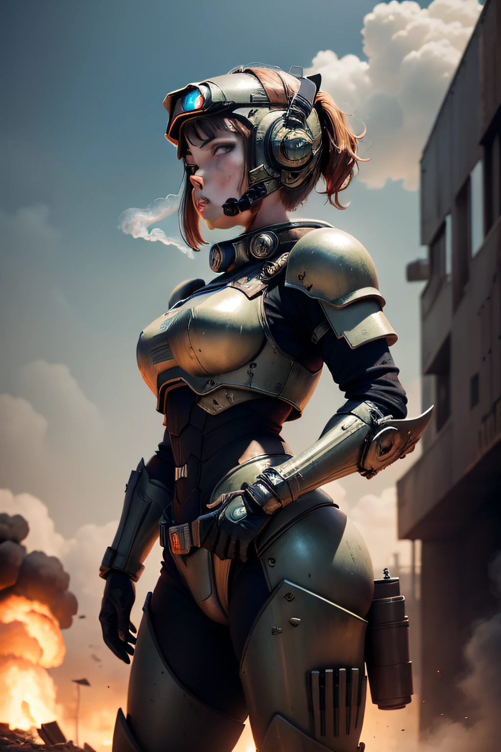 A girl in a power armor，Stand high and look at the enemy in the distance，The smoke of war wafted in the air