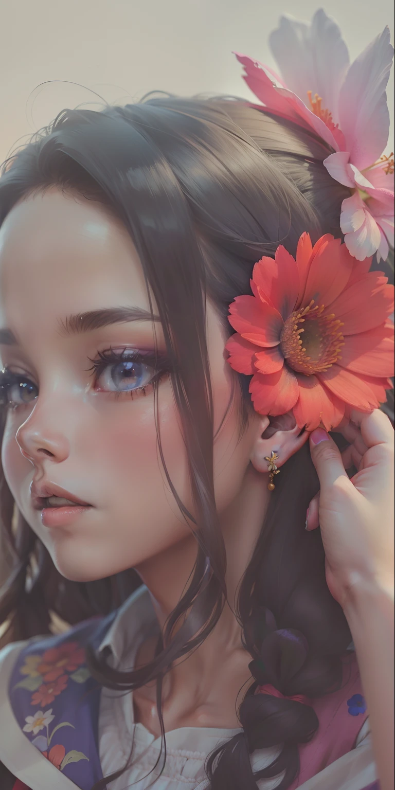 A beautiful anime cute girl, a flower on her ear